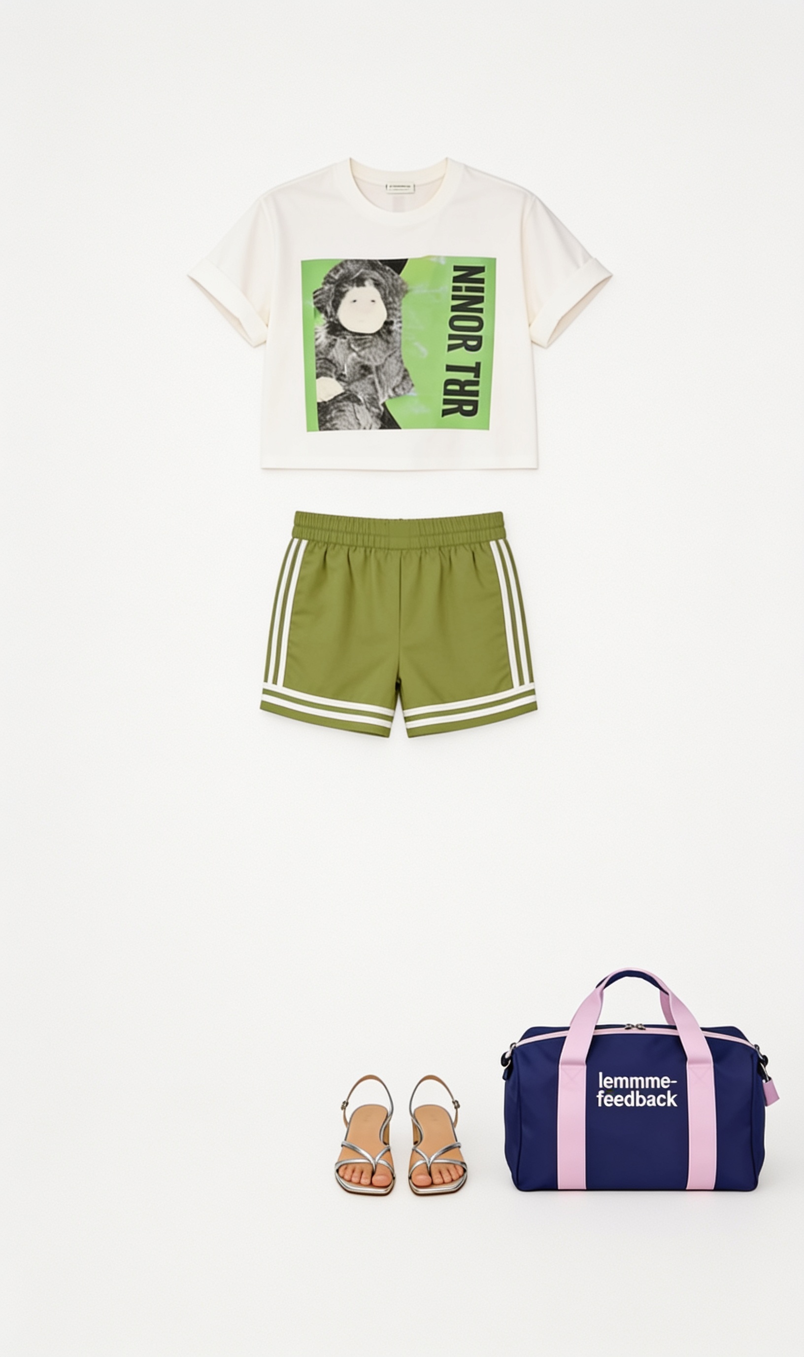 White oversized tee and lime cycling shorts