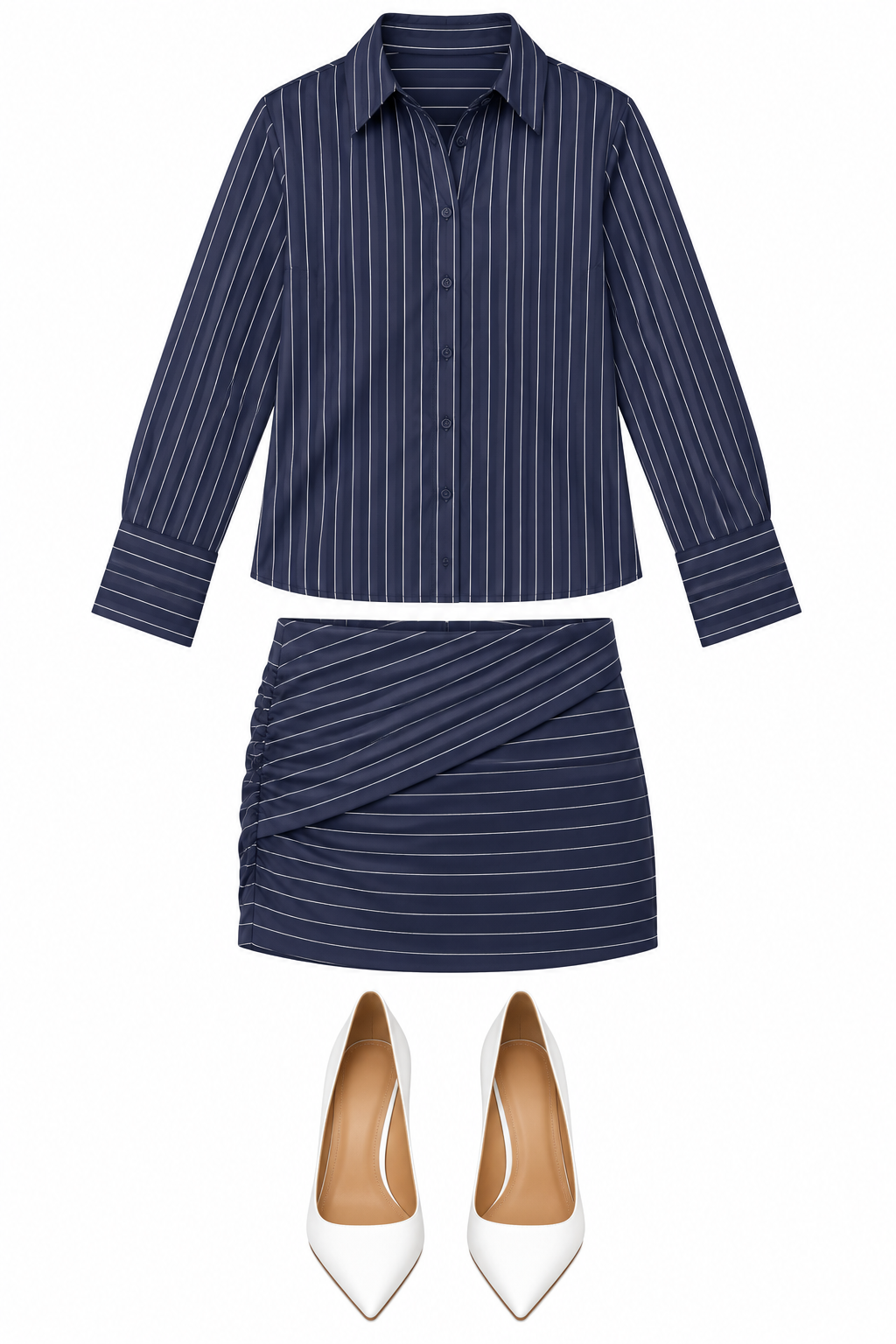 Navy pinstripe shirt and wrap mini skirt