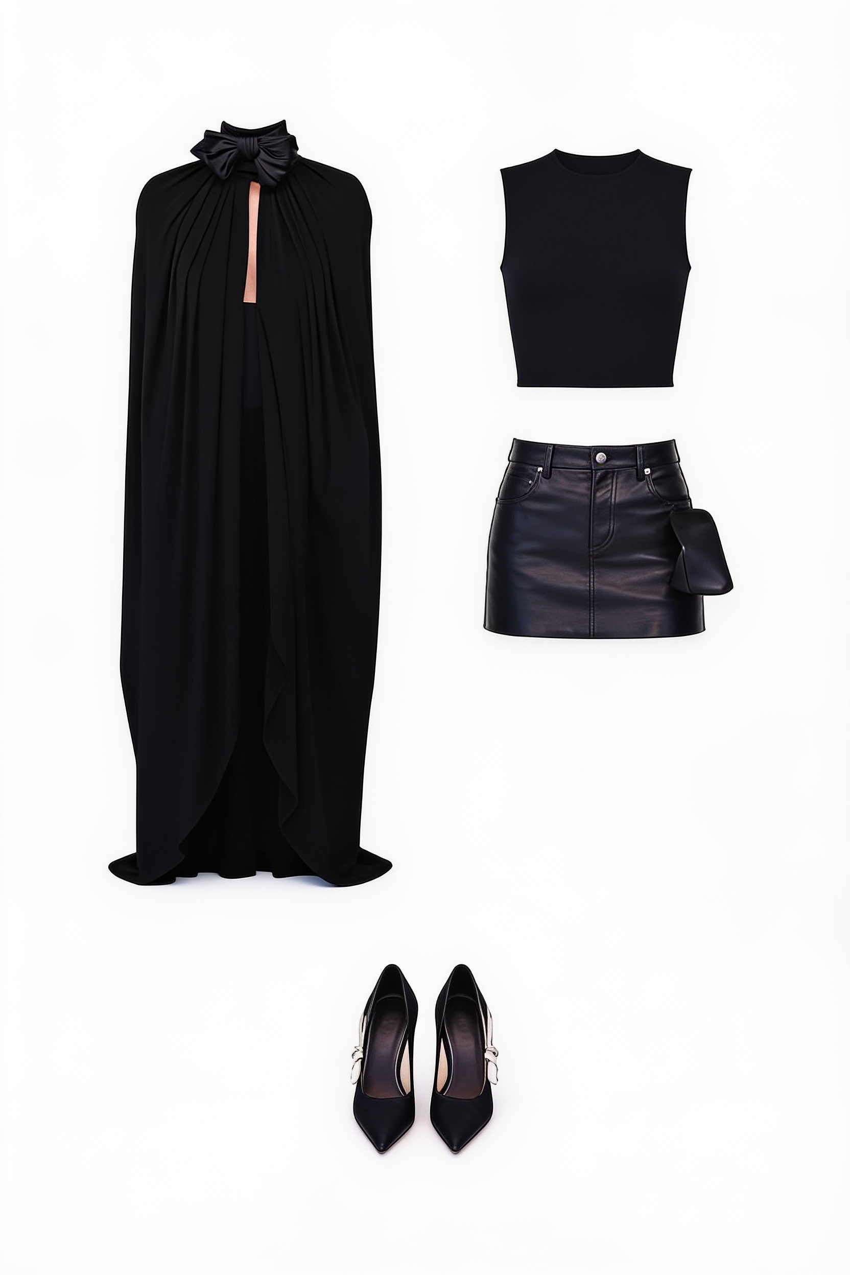 Black cape and leather mini skirt