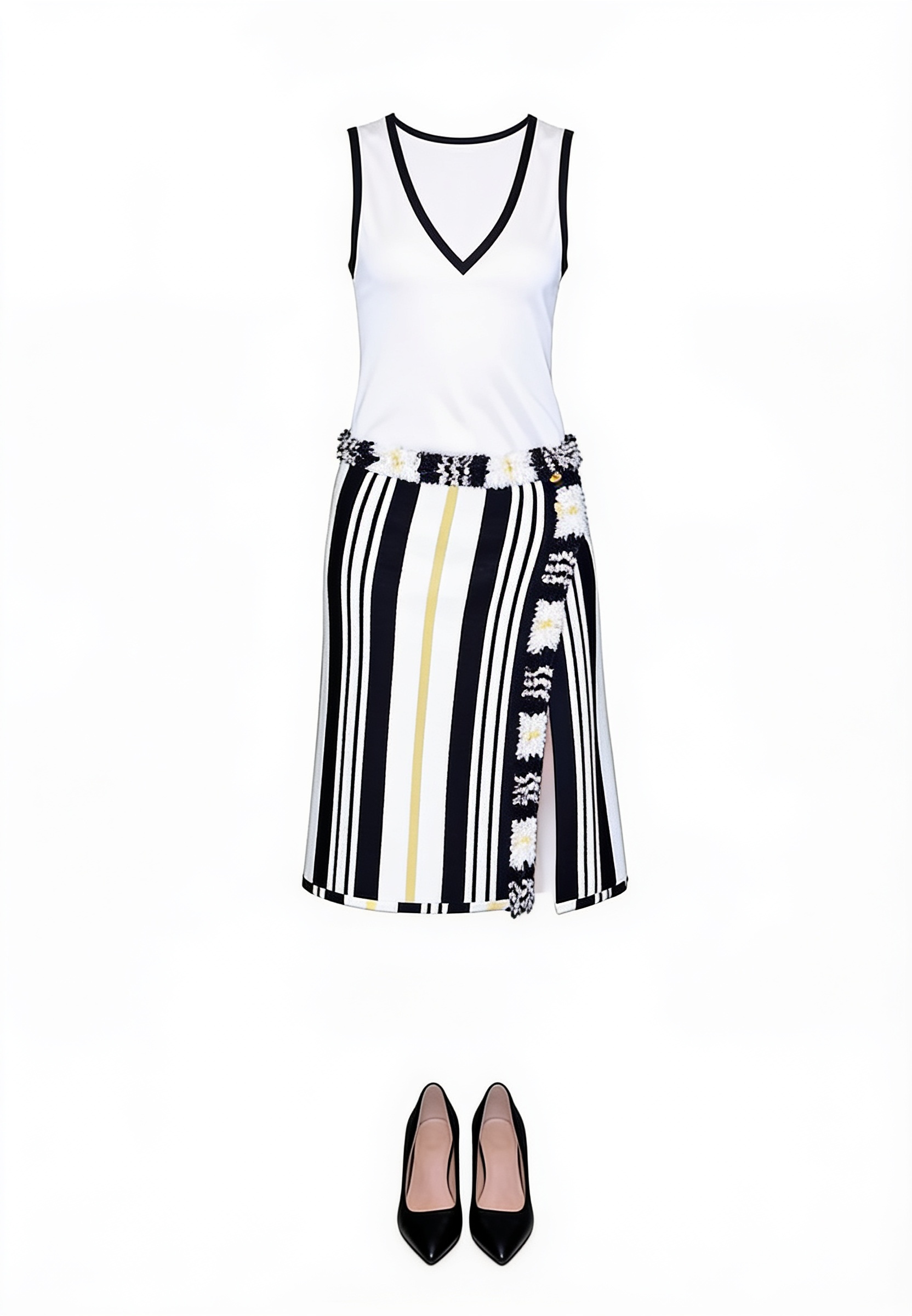 White V-neck top and striped pleated skirt