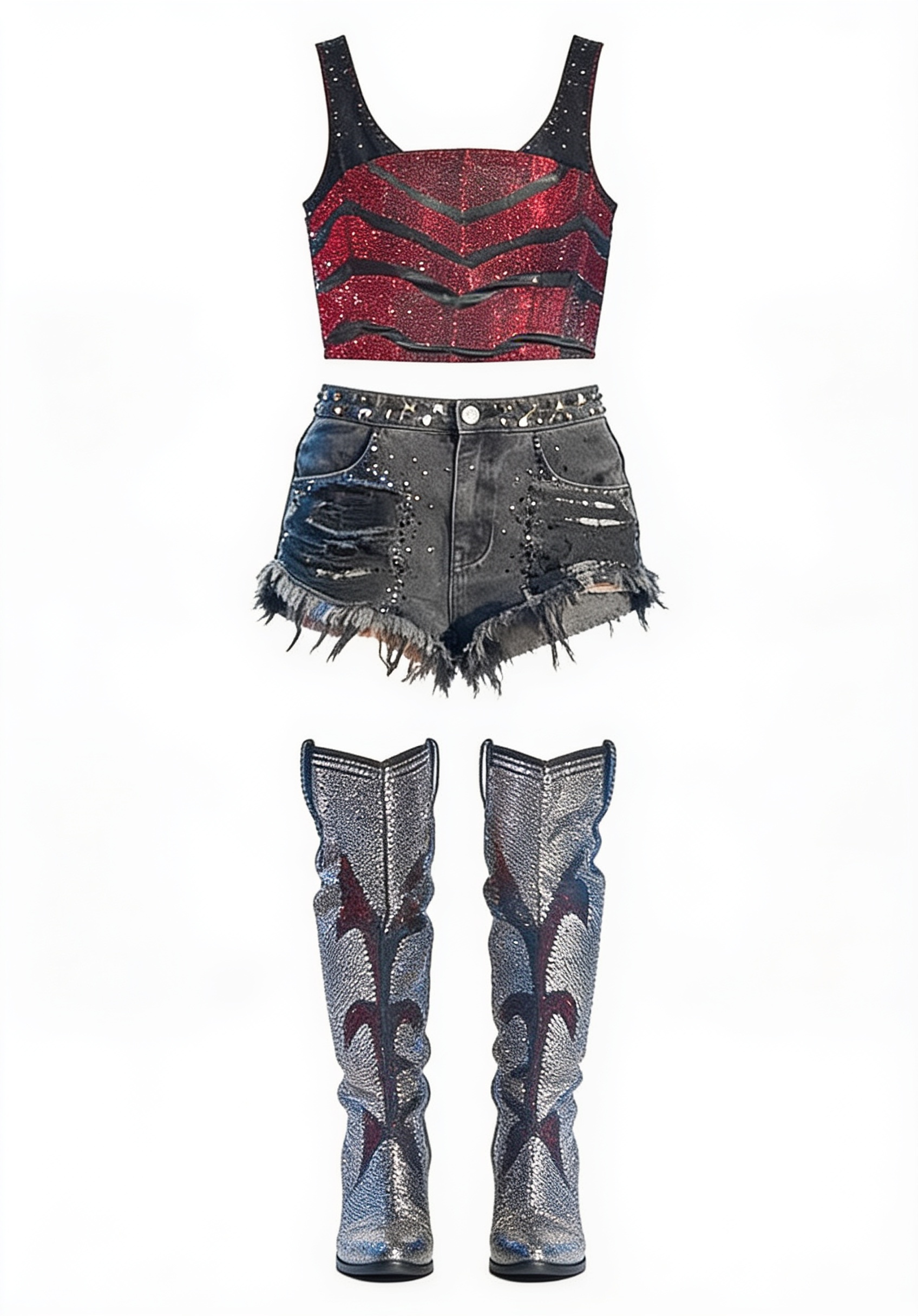 Black graphic tank and studded denim shorts