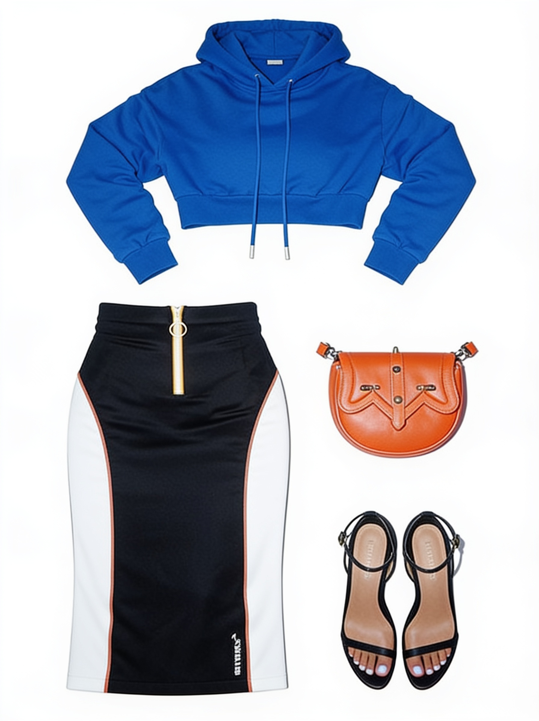 Blue cropped hoodie and black striped midi skirt