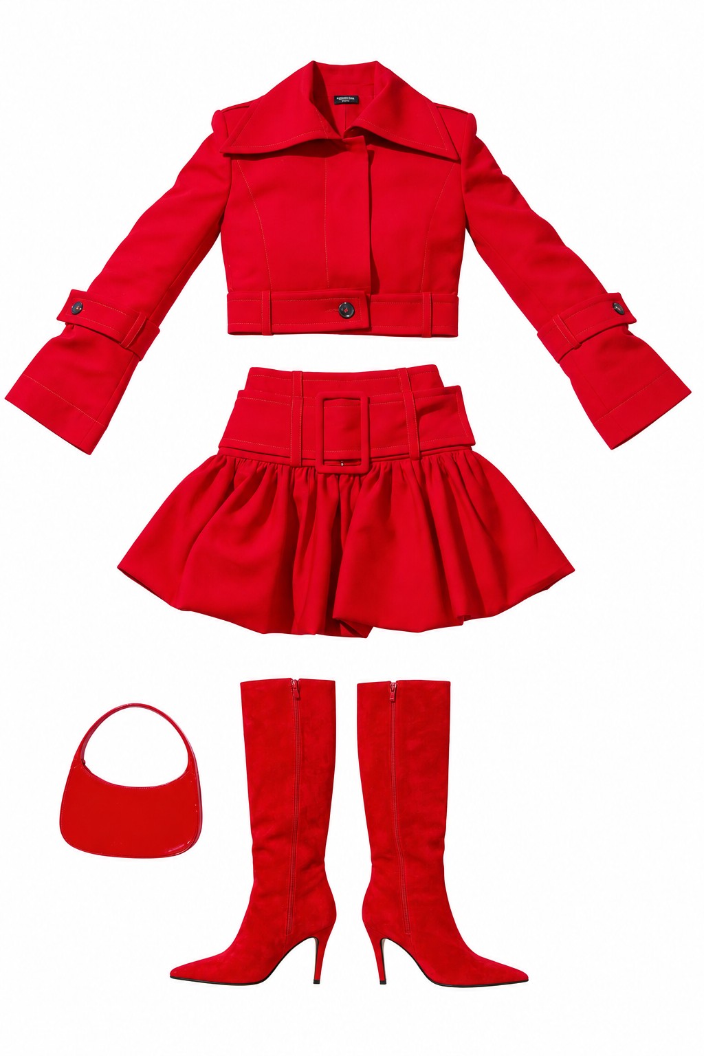 Red cropped jacket and pleated mini skirt