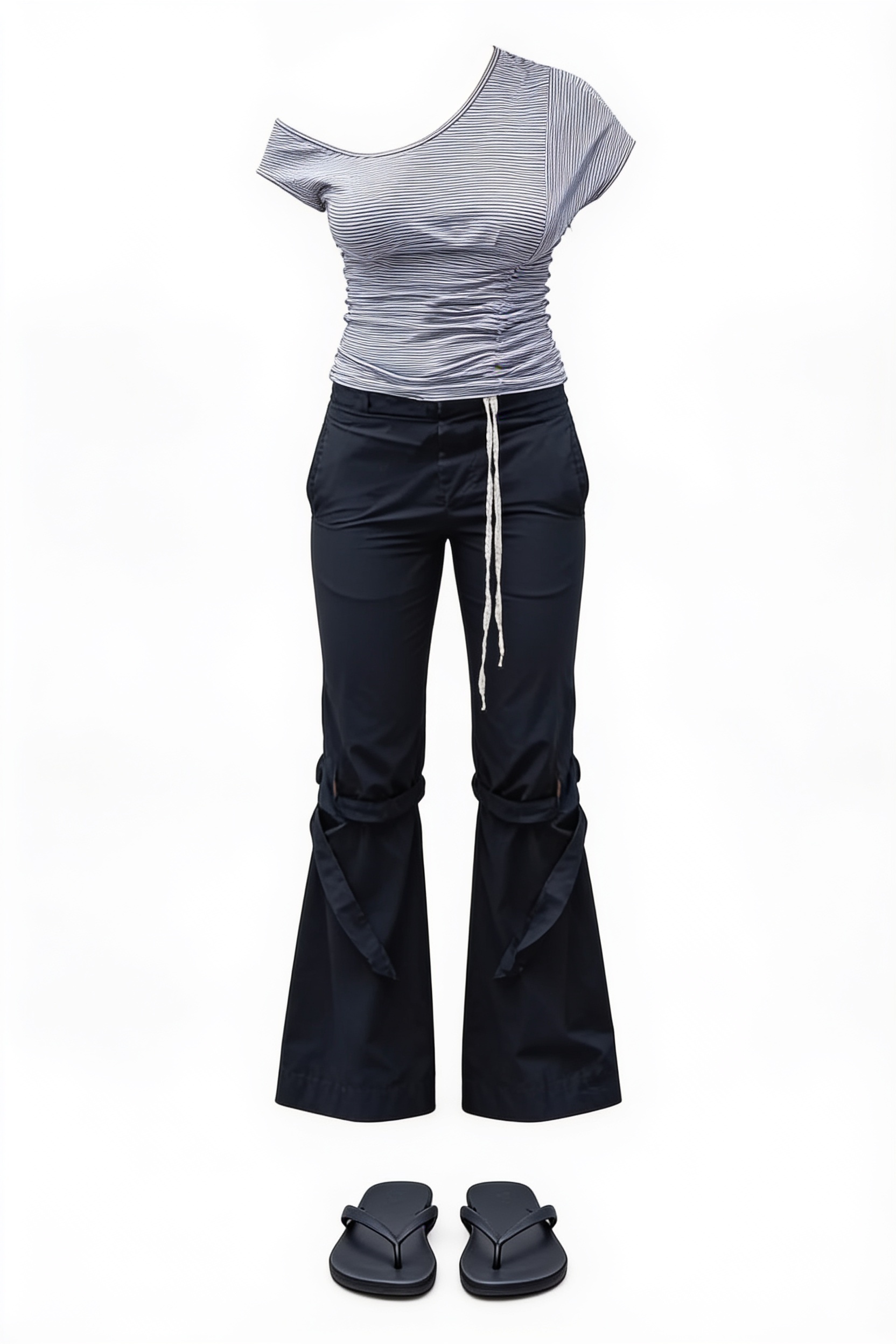 Grey fitted tee and black flared trousers