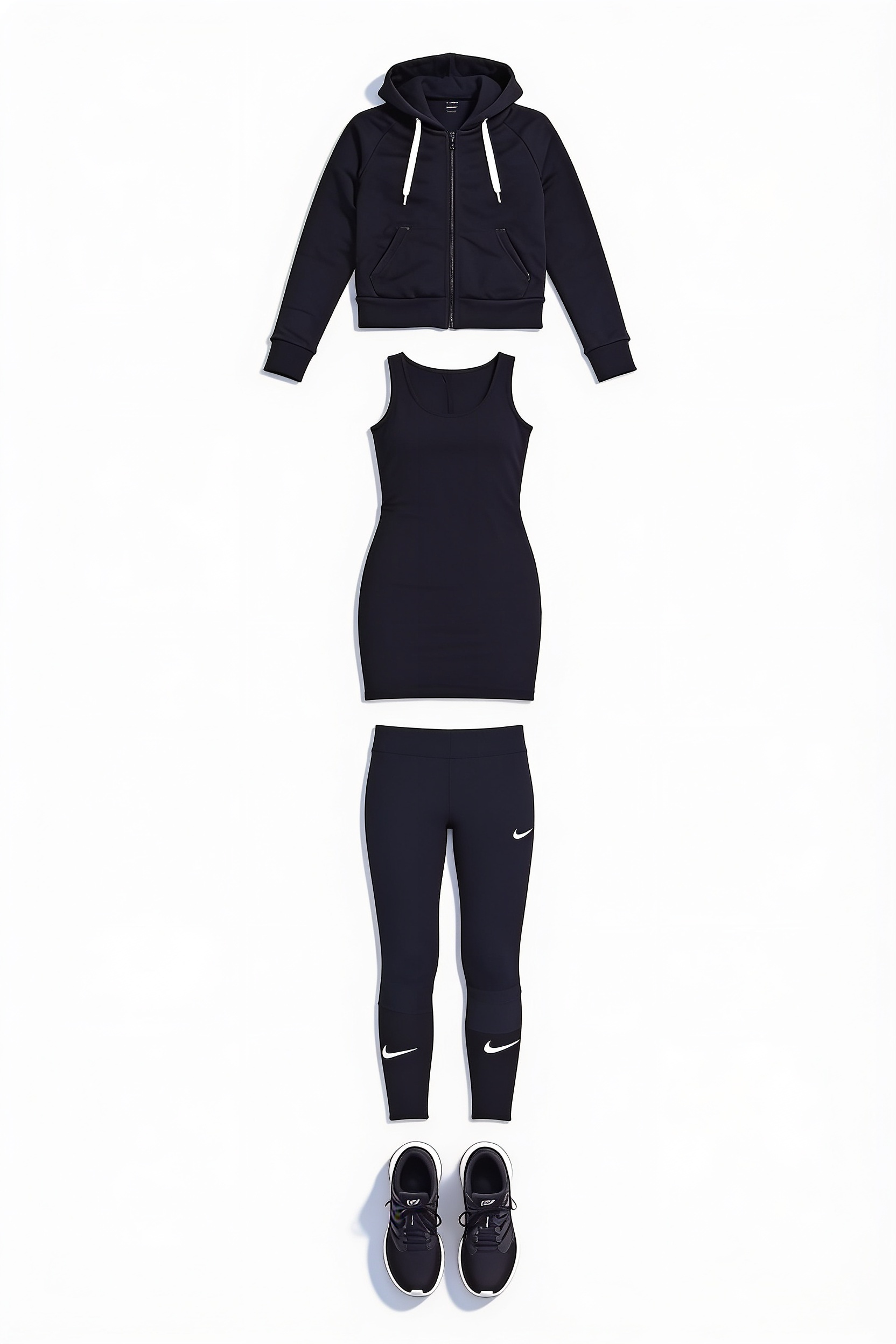 Black fitted tracksuit and trainers