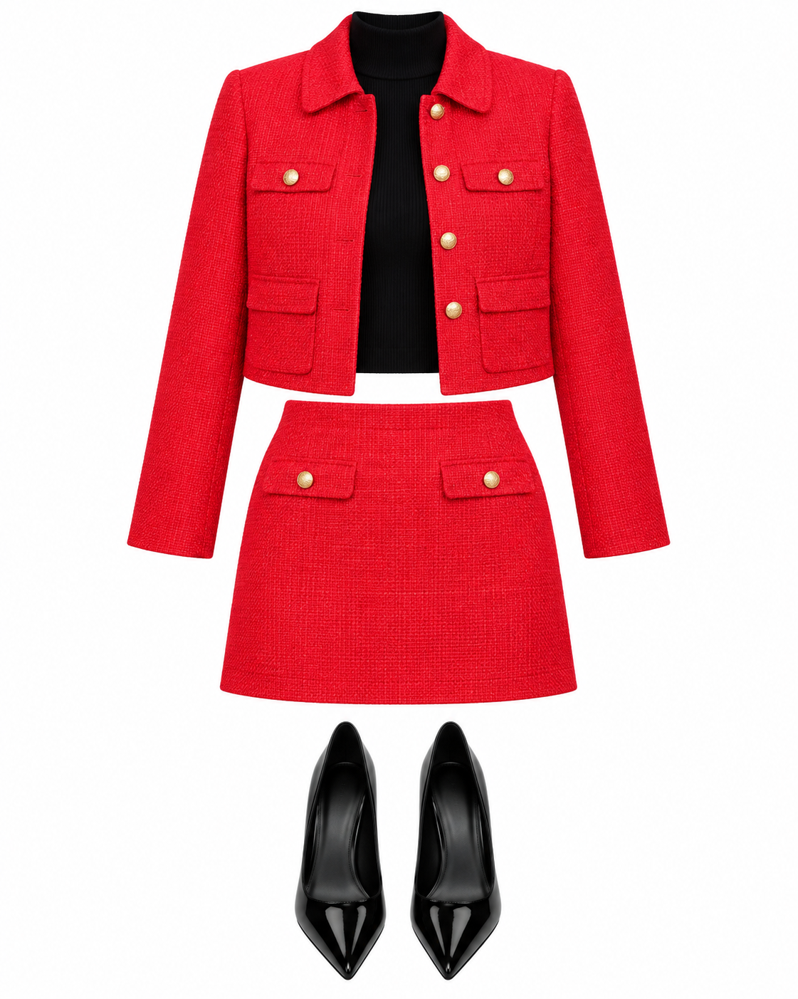 Red tweed jacket and mini skirt