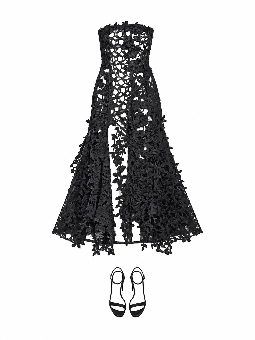 Black floral lace strapless gown