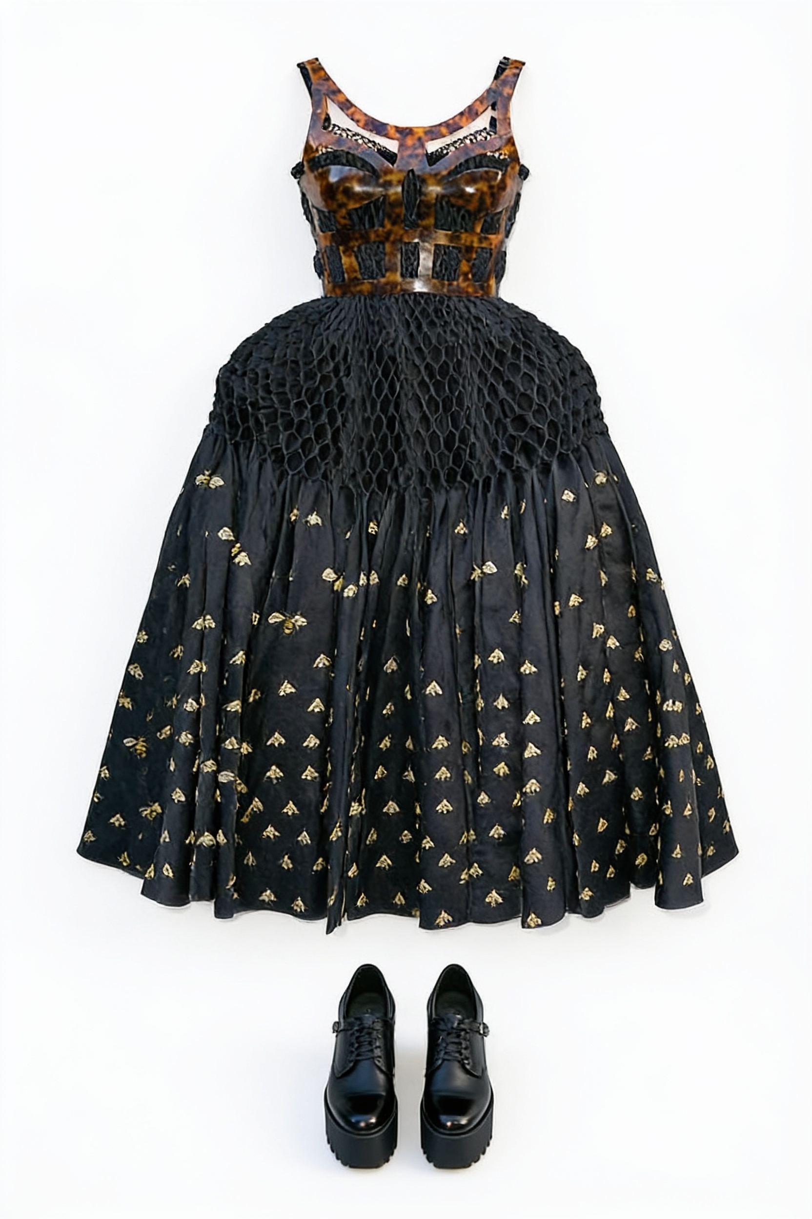 Black embellished bodice and polka-dot midi skirt