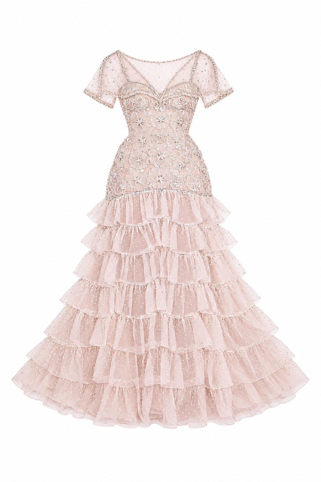 Blush beaded tiered ruffle gown
