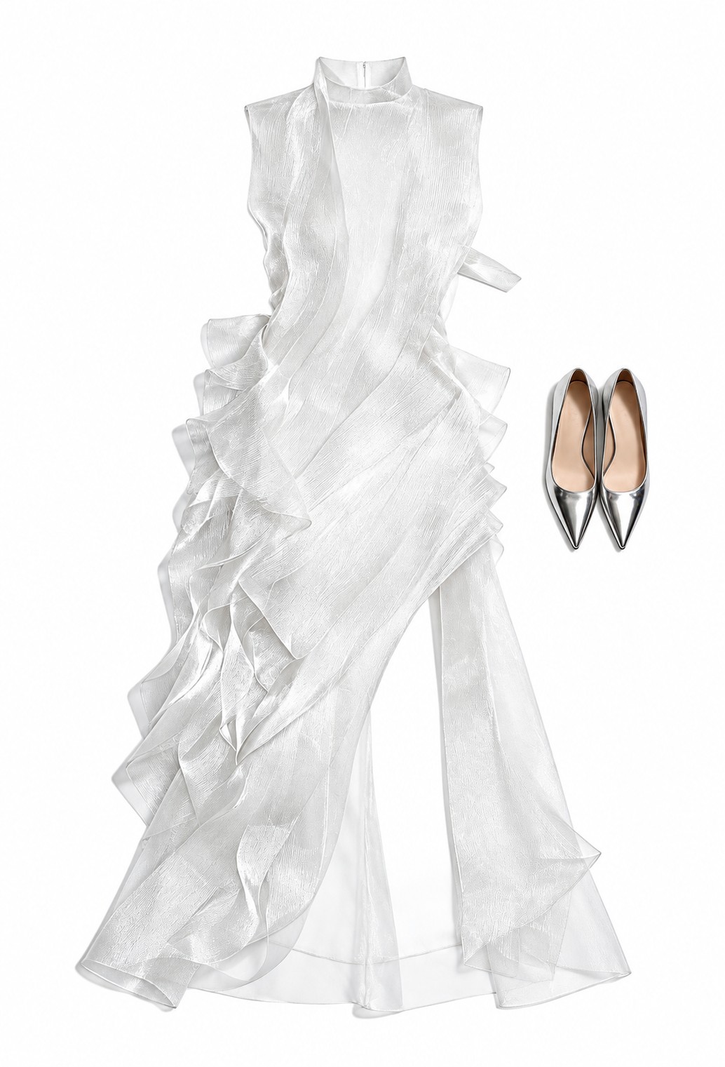 Silver sculptural sheer gown