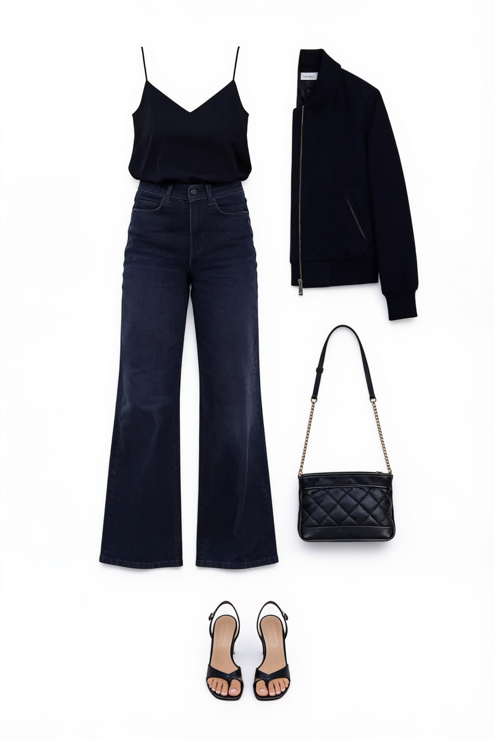 Black camisole and navy flared trousers