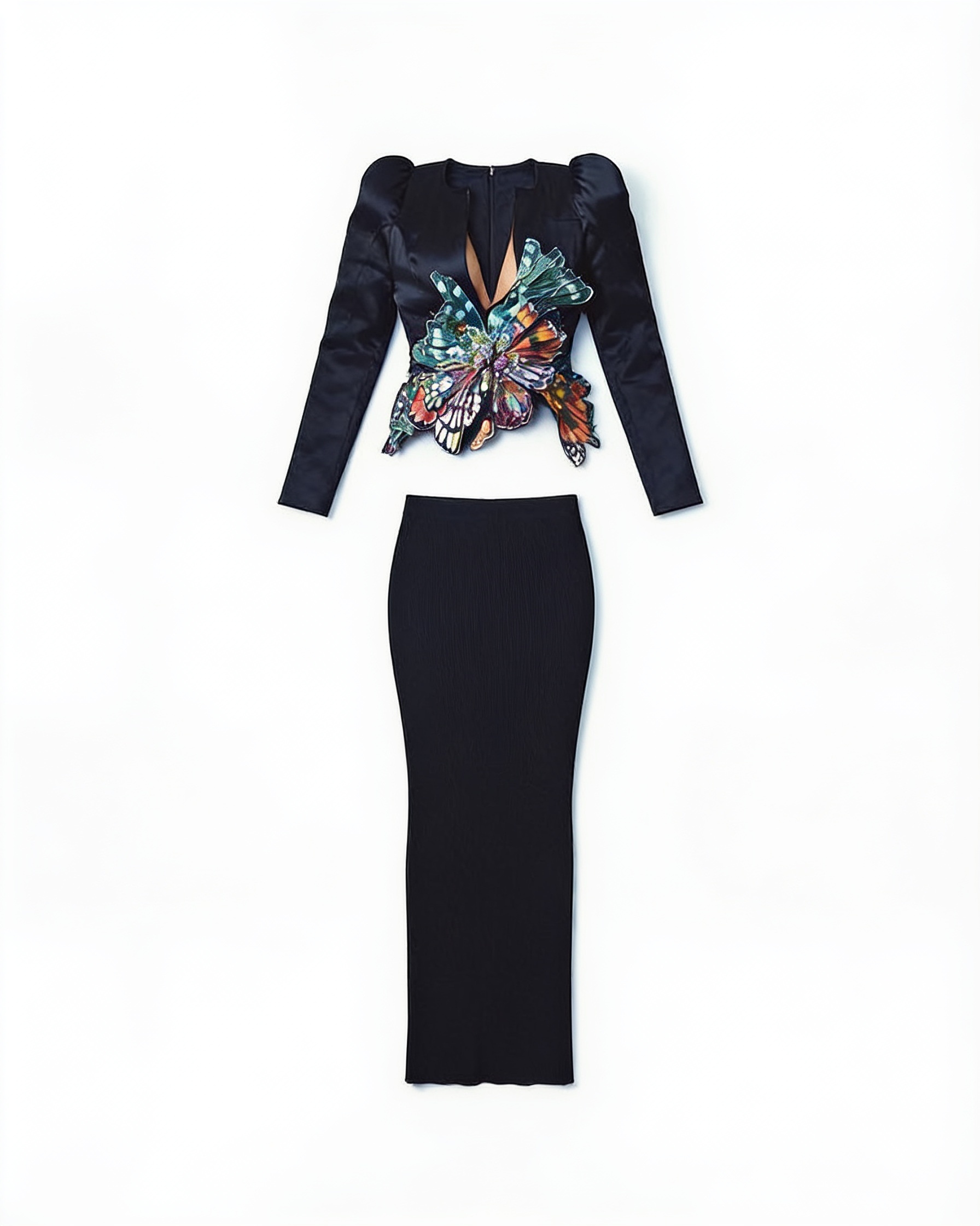 Black embellished cropped jacket and column skirt