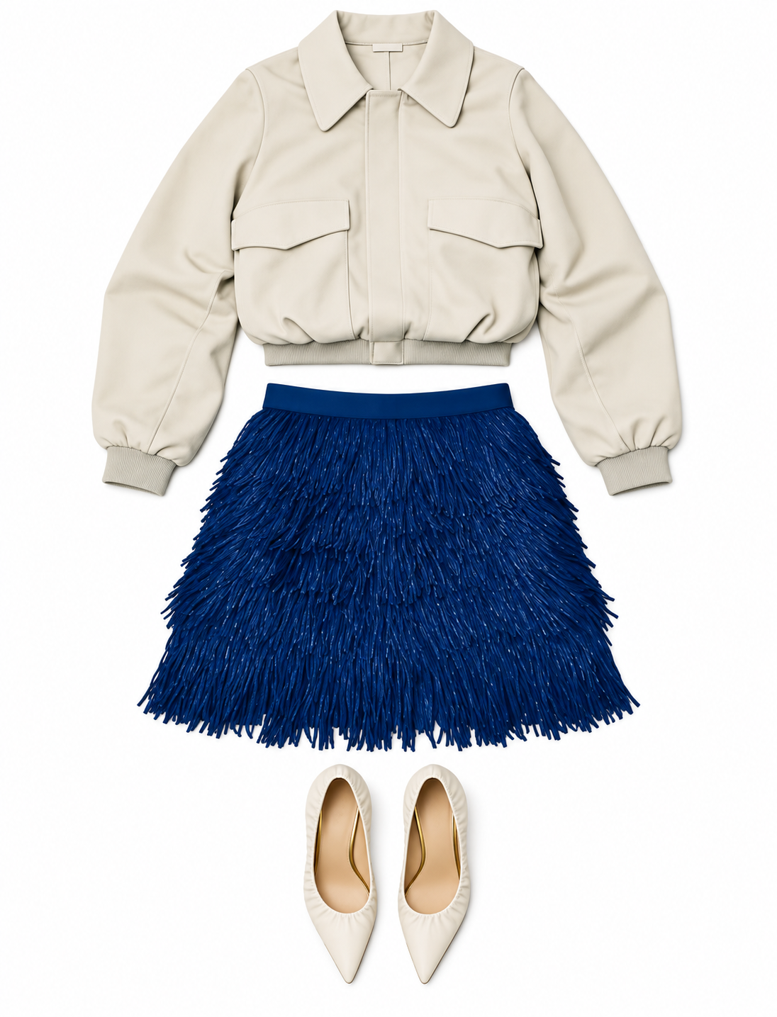 Ivory blouse and blue fringed skirt