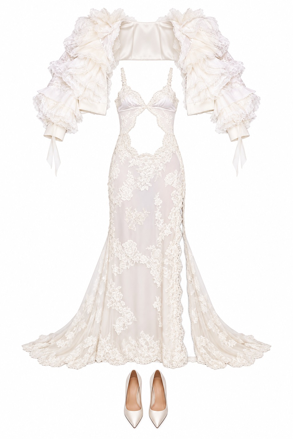 Ivory lace cutout gown and feather jacket