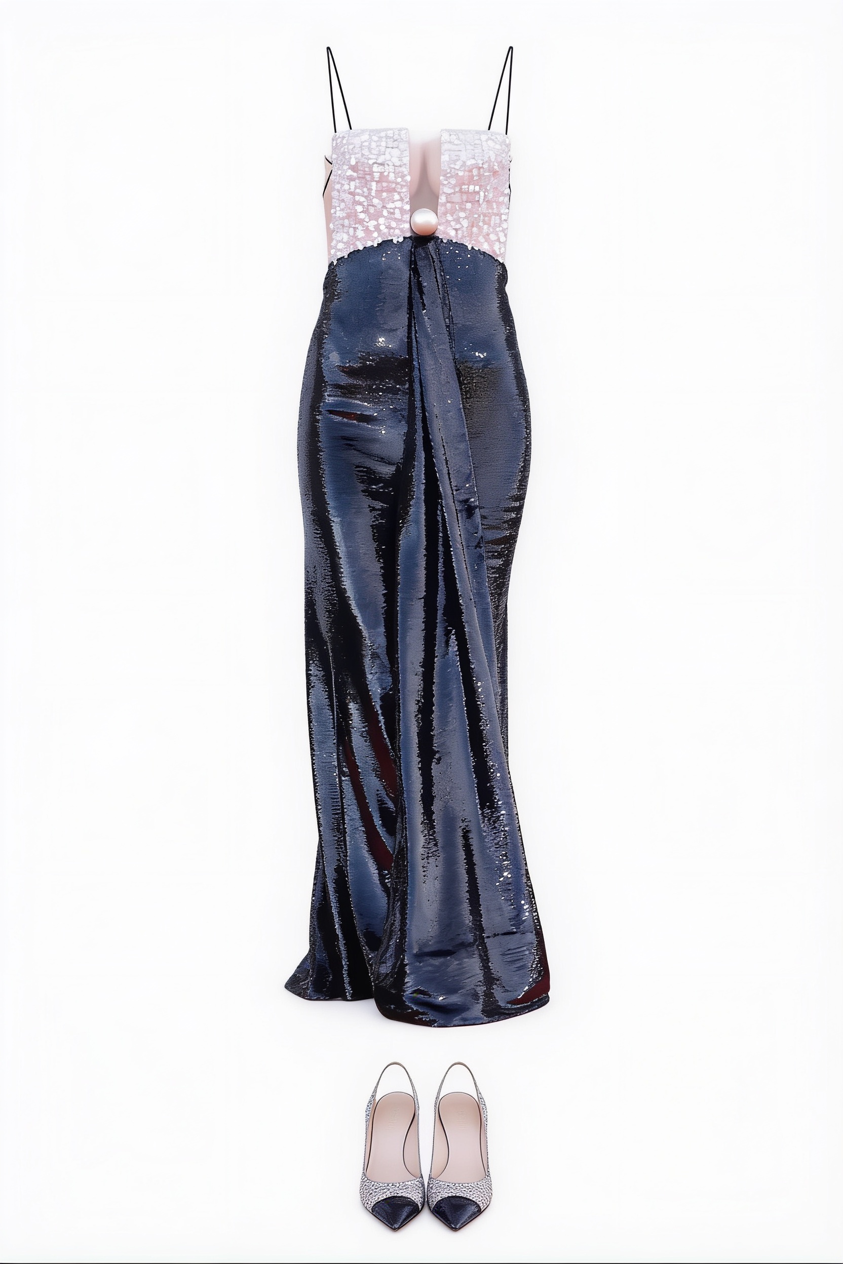 Pink and navy sequined column gown