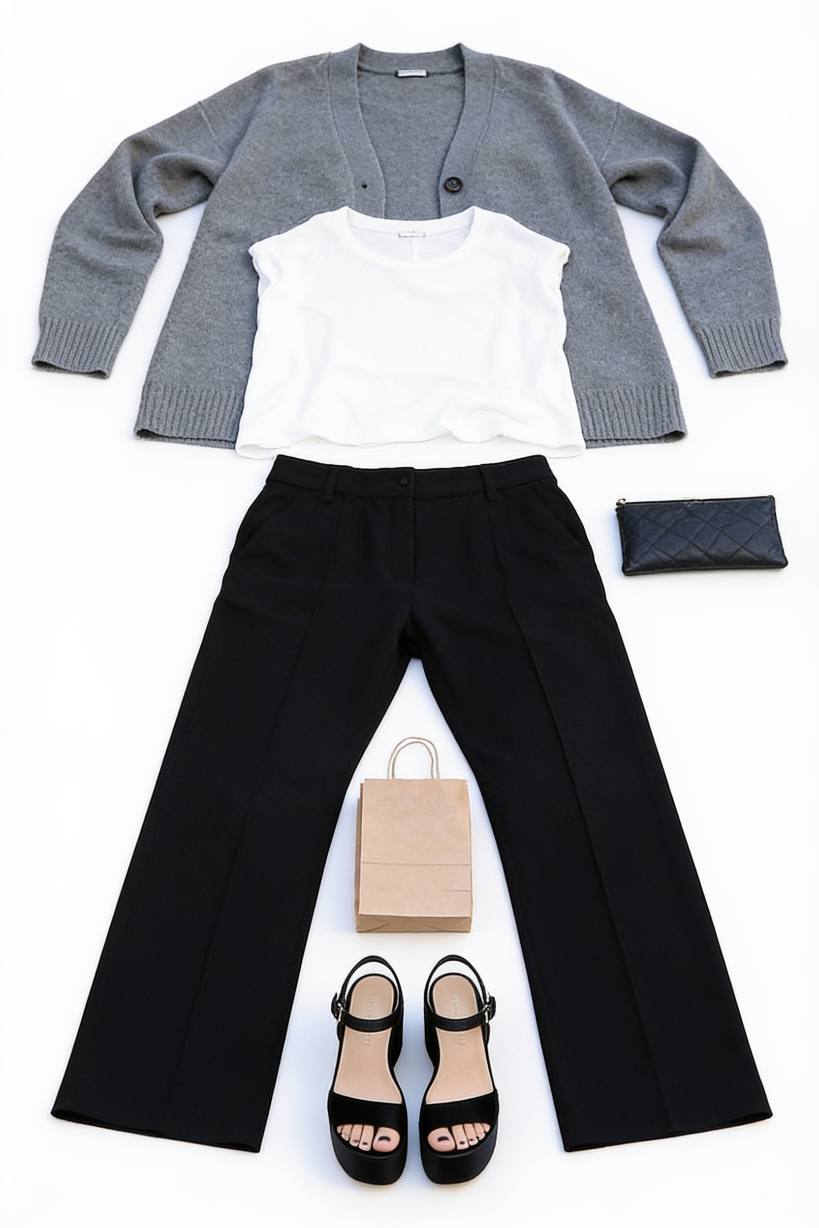 Charcoal blazer and wide-leg black trousers