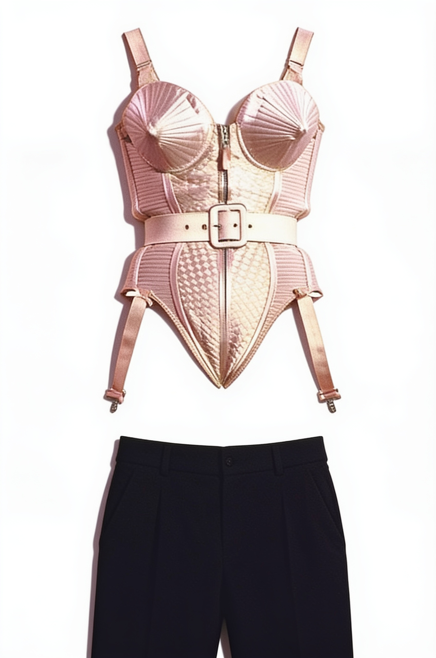 Blush conical corset and black trousers
