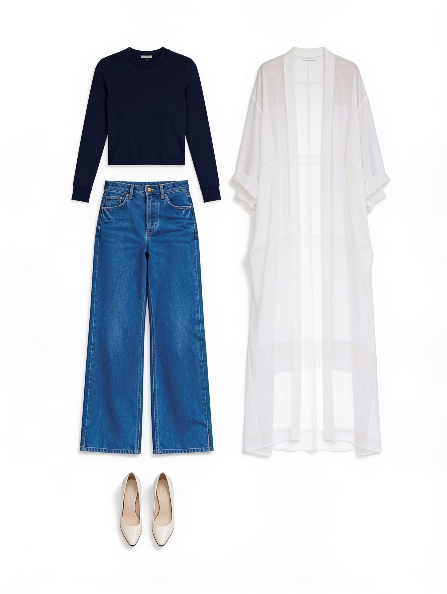 Navy sweater, wide-leg jeans and ivory coat