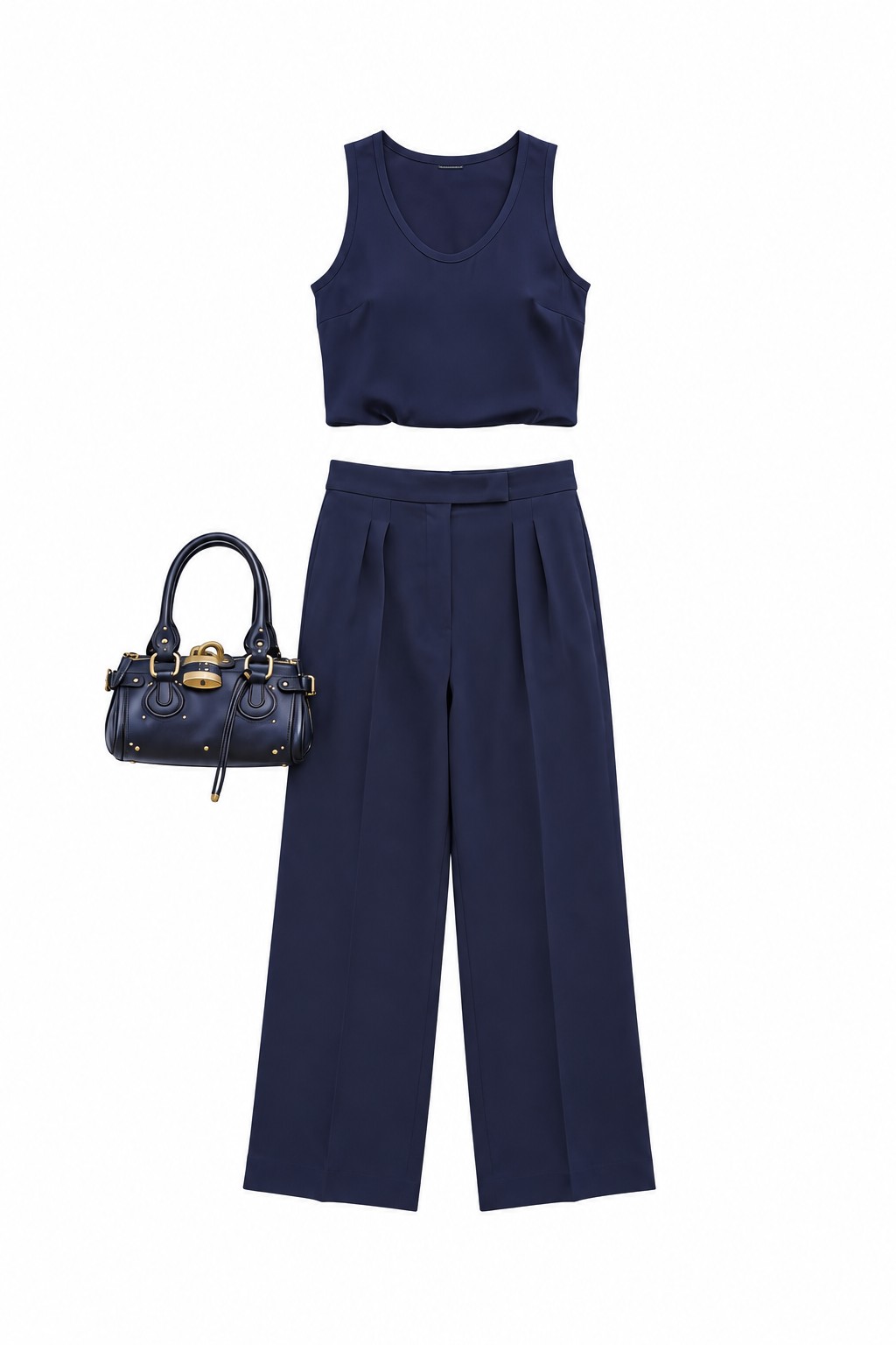 Navy sleeveless top and wide-leg trousers