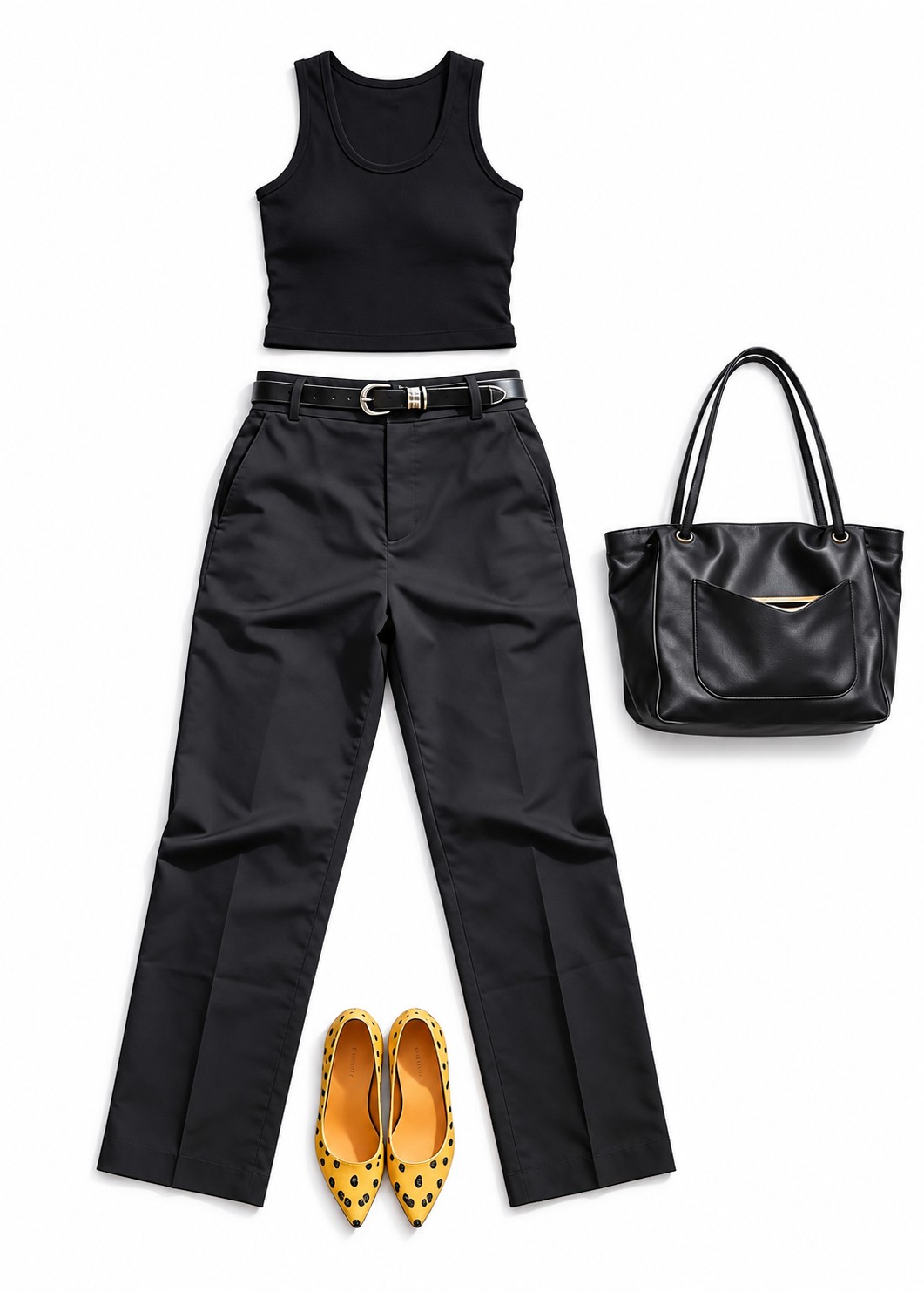 Black tank and belted wide-leg trousers