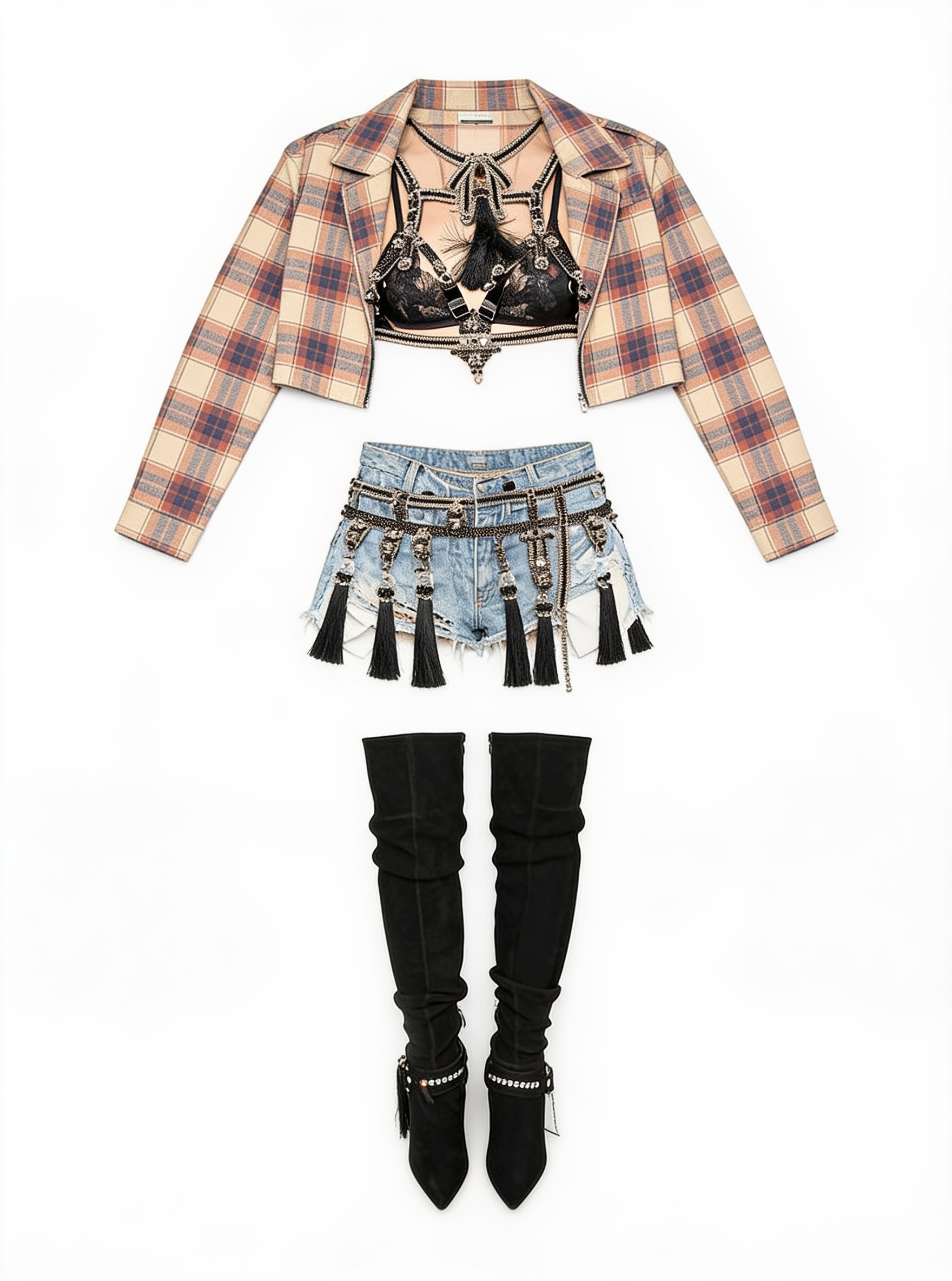 Black embellished bra and graphic mini skirt with tall boots