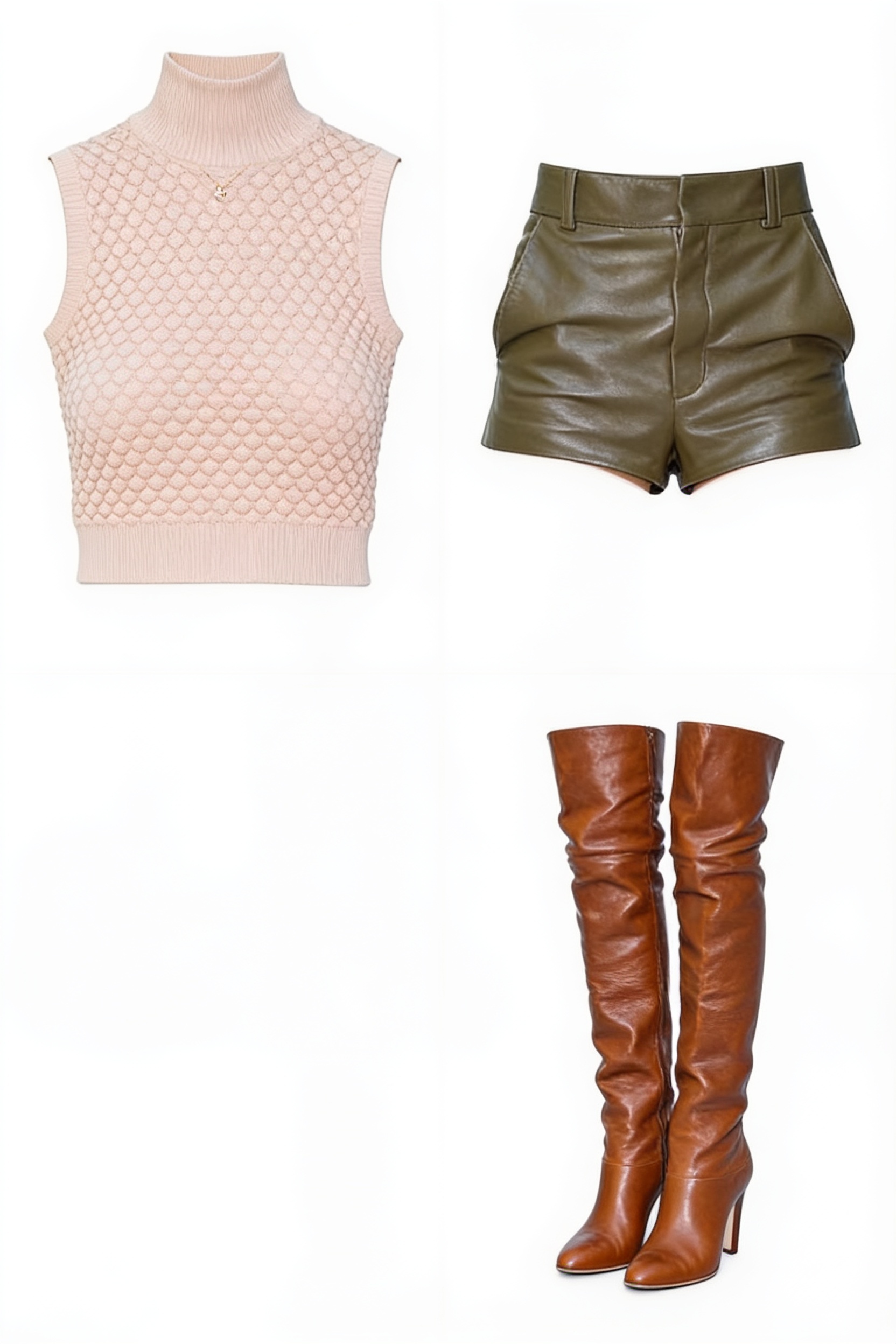 Beige sleeveless knit and leather shorts