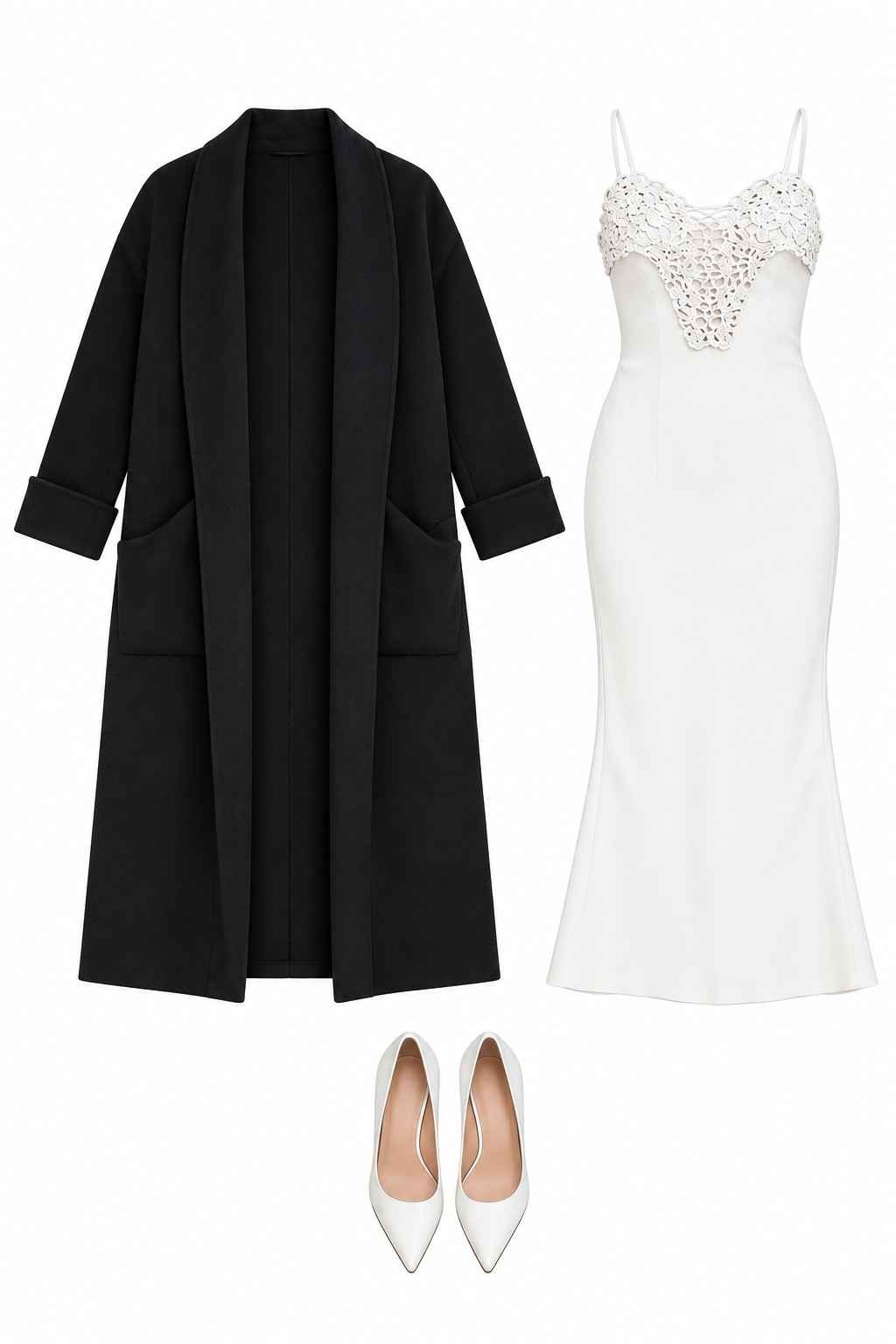 Black long coat and ivory embellished midi dress
