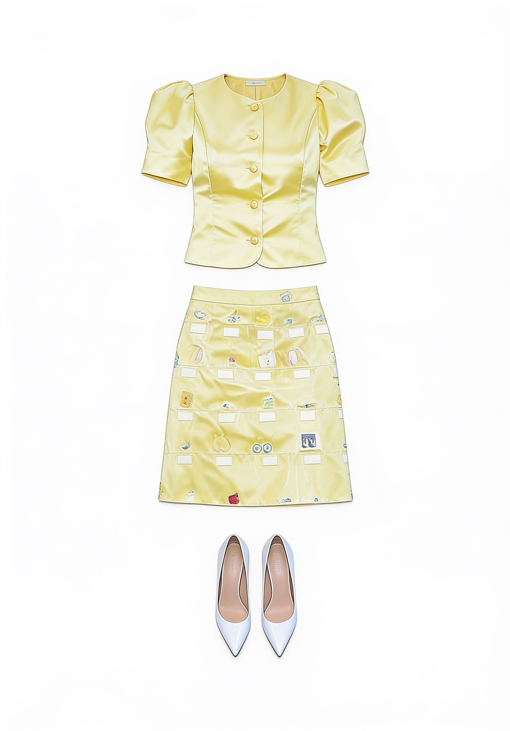 Pale yellow satin top and pencil skirt