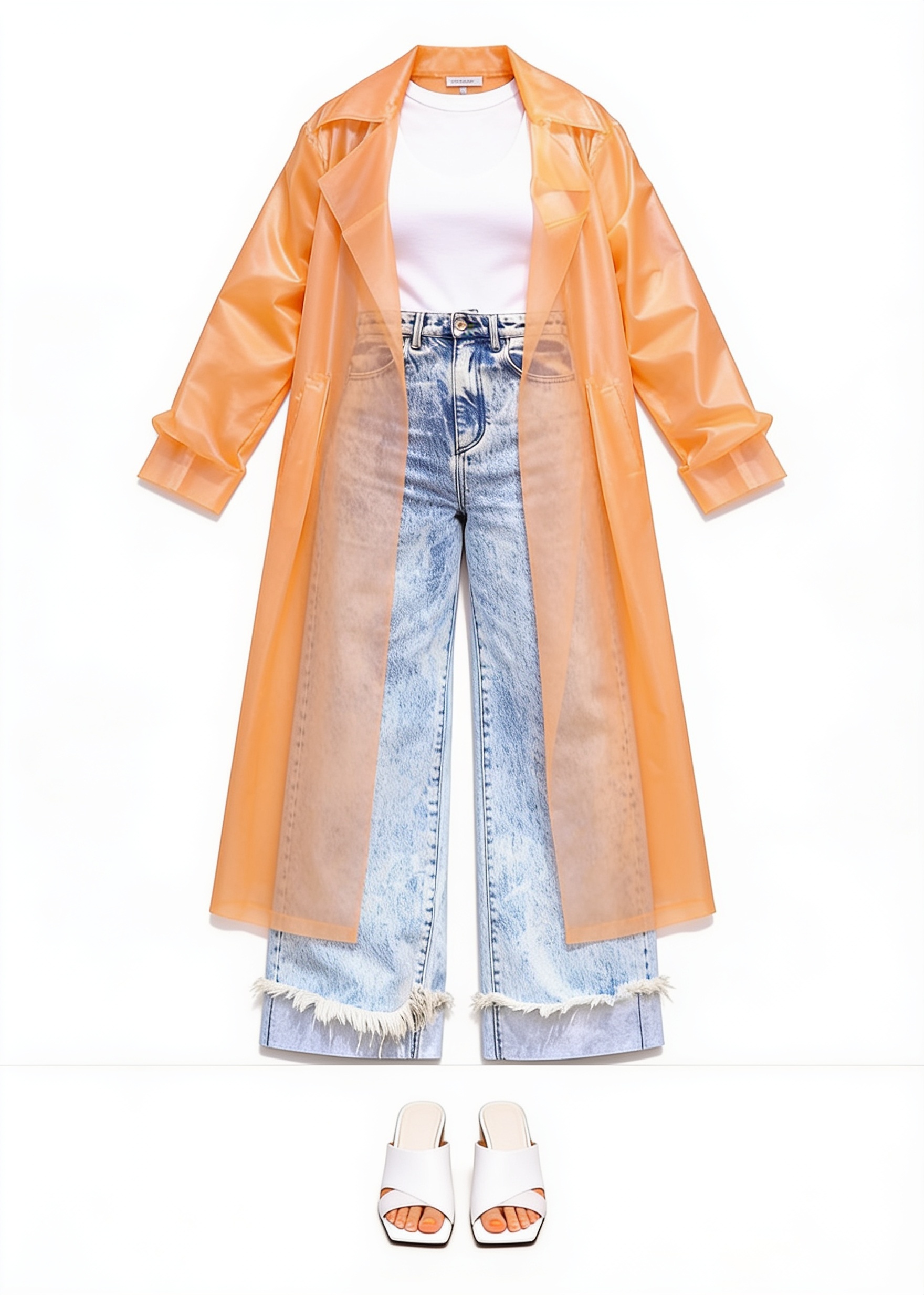 Orange satin coat and wide-leg jeans