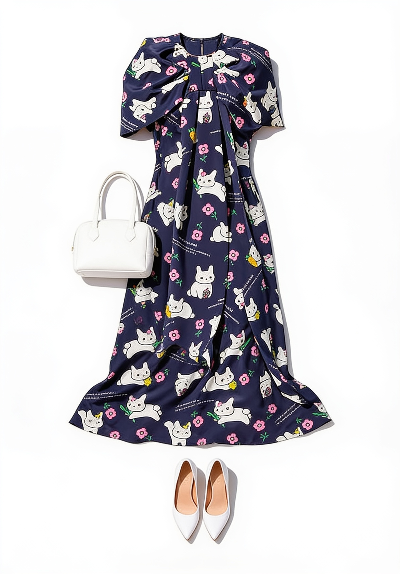 Navy floral tie-neck midi dress