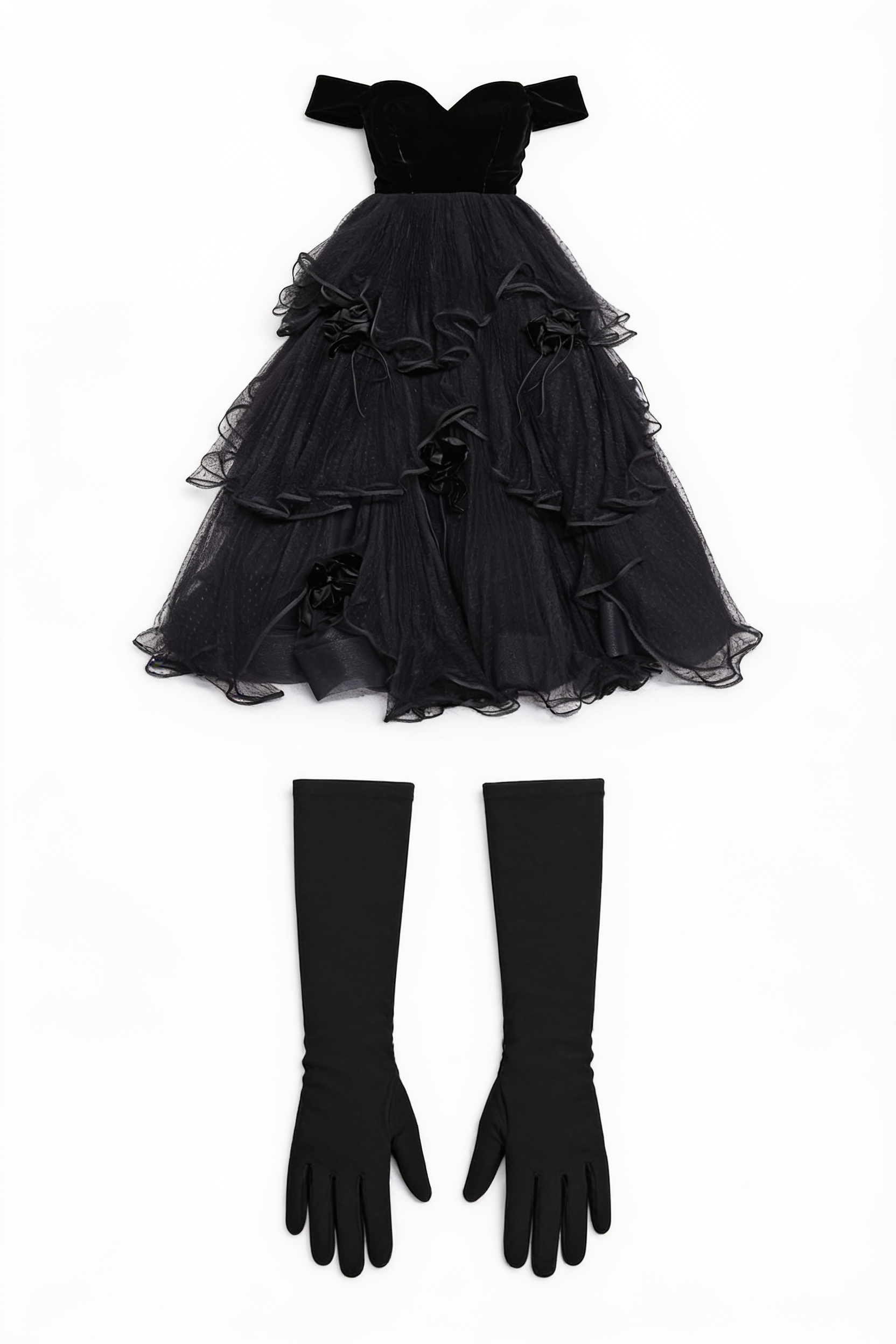 Black velvet and ruffled tulle gown