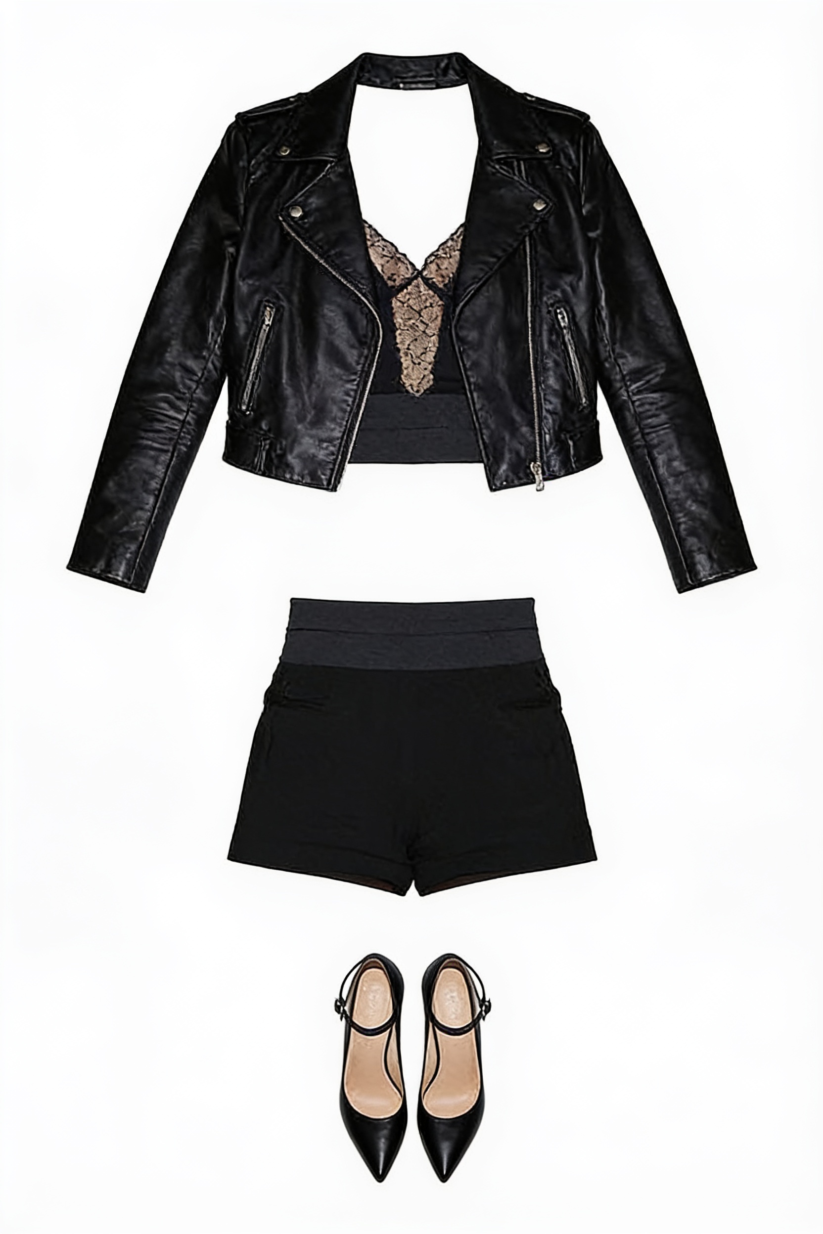 Black leather jacket and tailored shorts