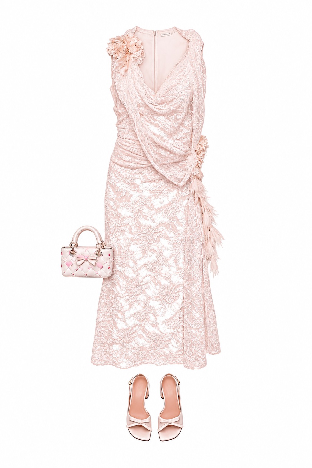 Blush lace midi dress and bow heels