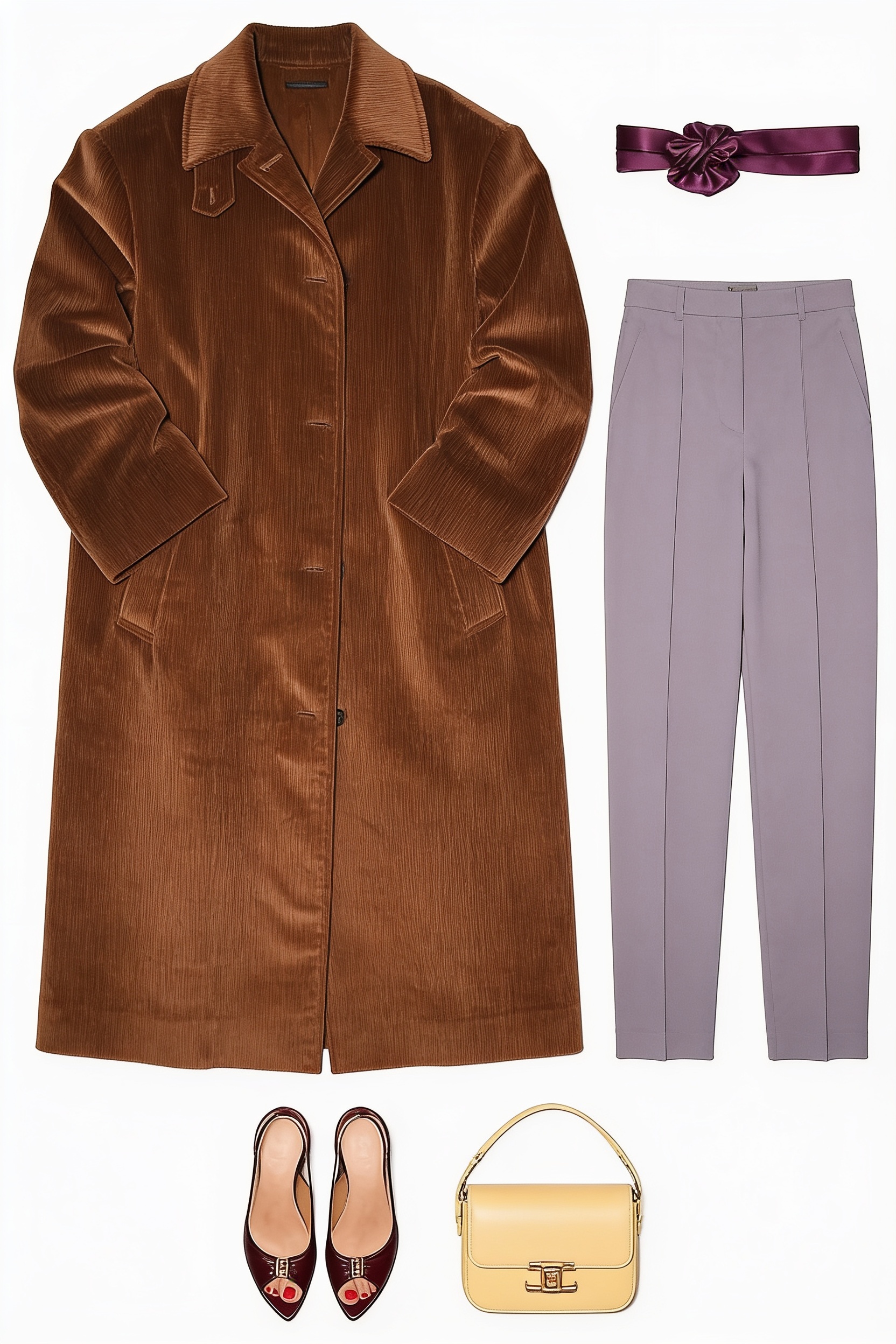 Brown corduroy coat and strappy heels
