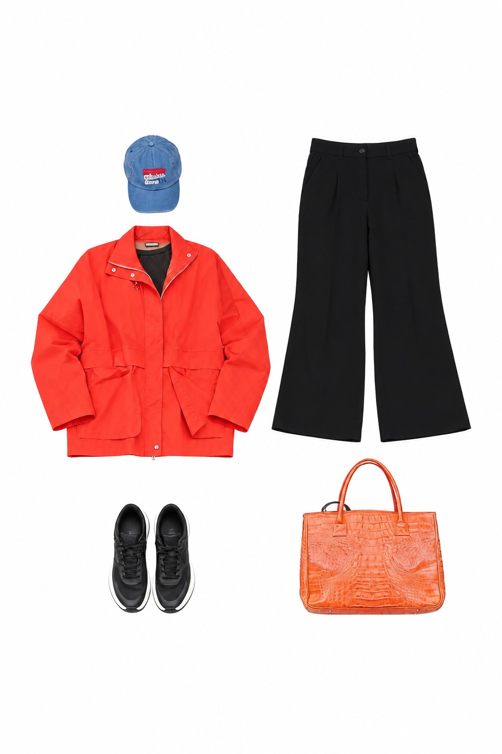 Red jacket and black wide-leg trousers
