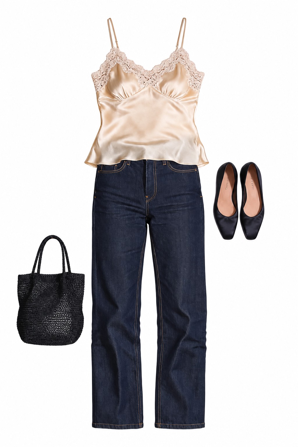 Ivory lace camisole and dark straight-leg jeans