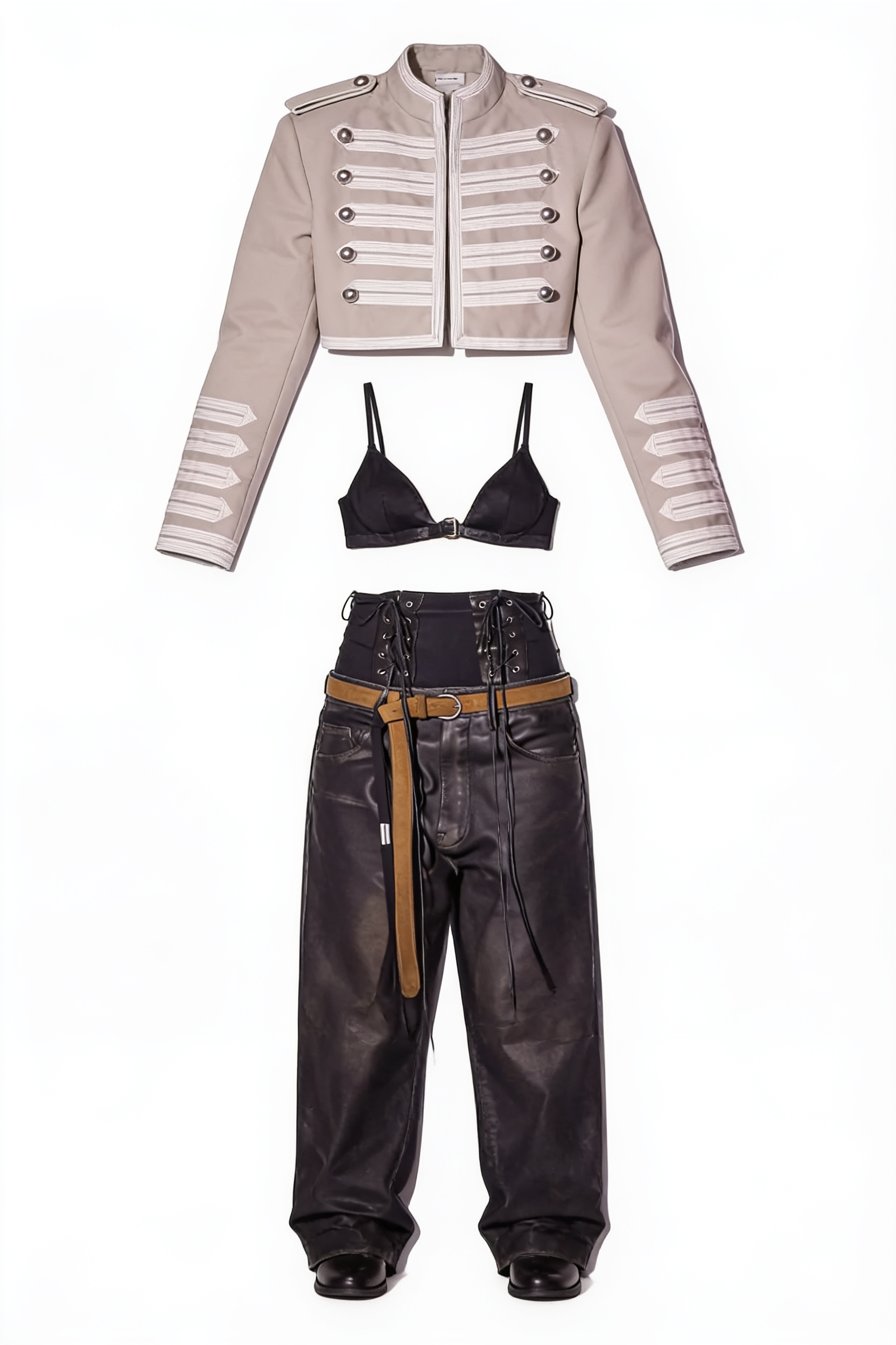 Cream military jacket and dark utility trousers