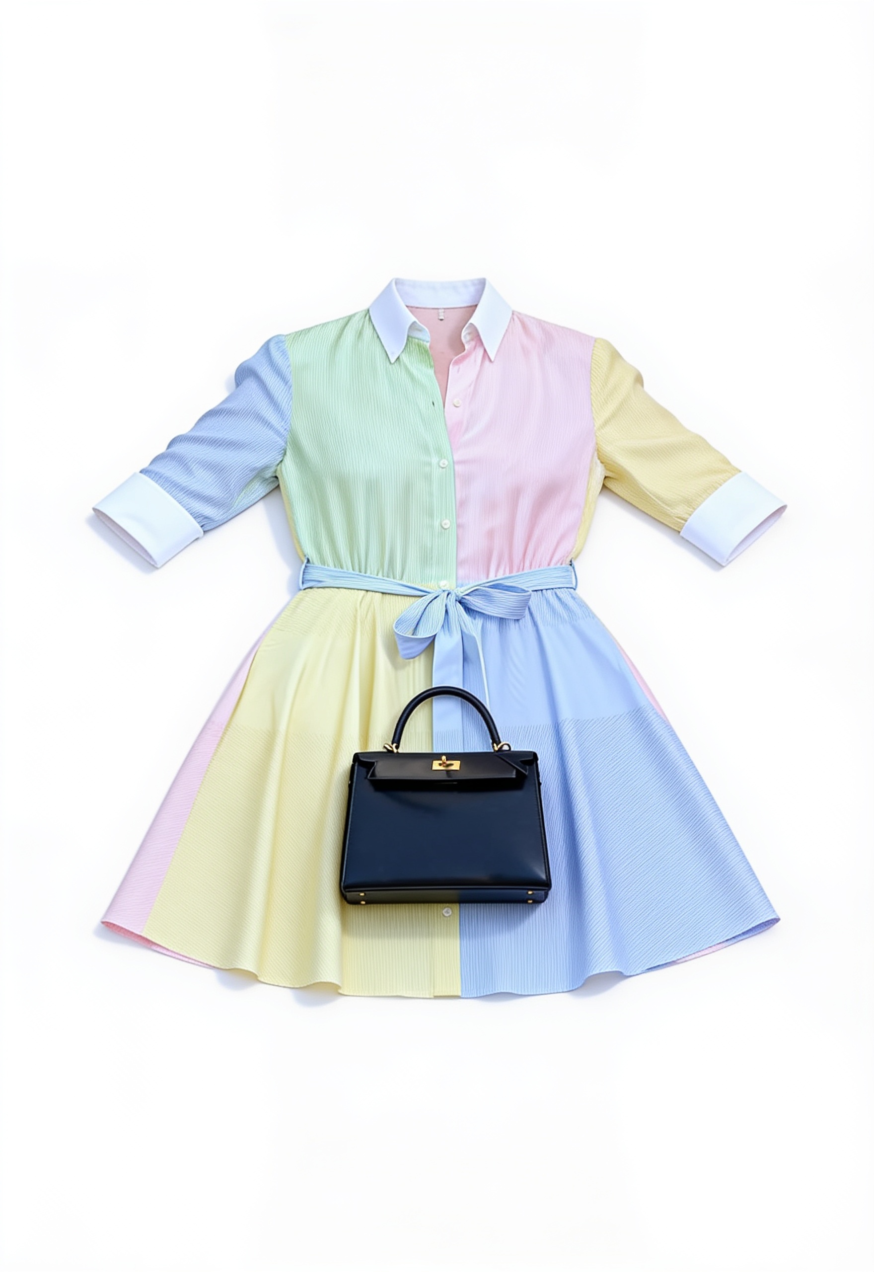 Pastel colour-block belted shirt dress