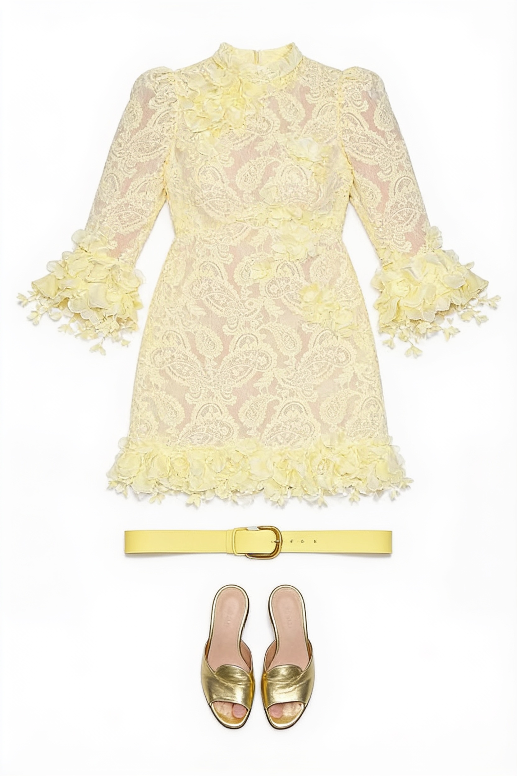 Pale yellow lace midi dress and gold heels