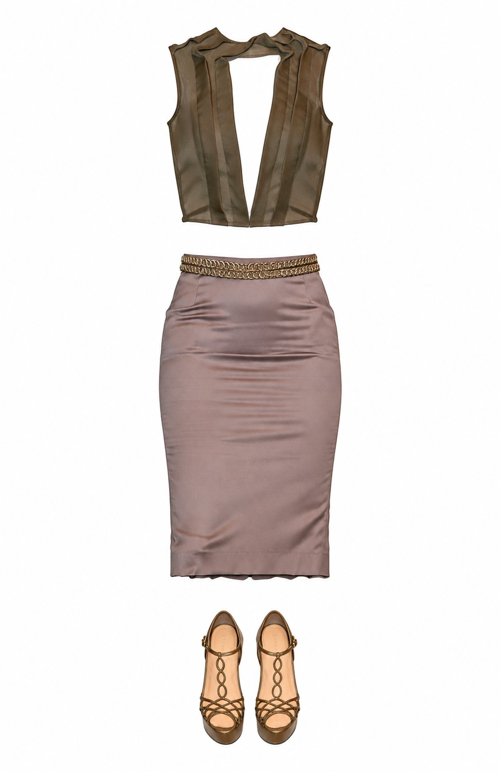 Olive sheer sleeveless top and taupe pencil skirt