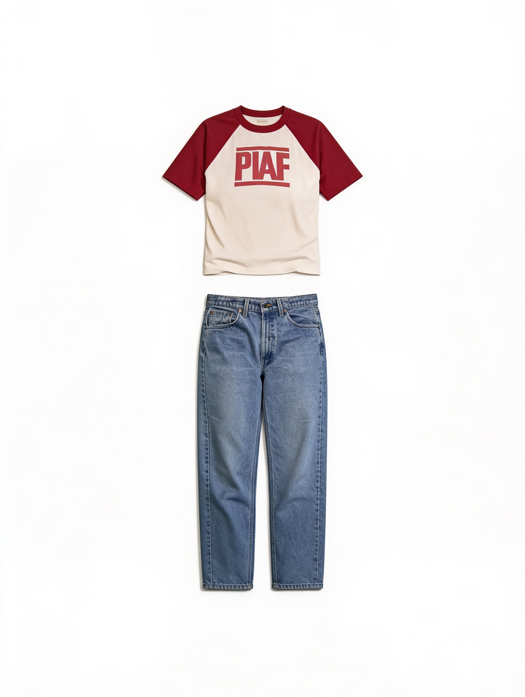 Burgundy baseball tee and blue jeans