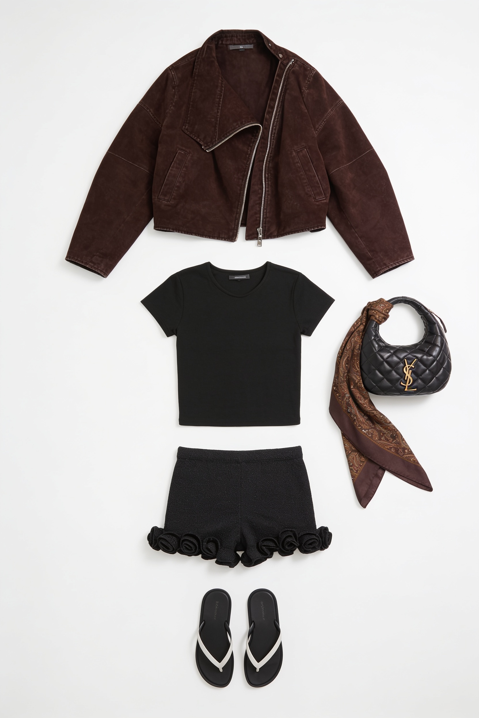 Brown satin shirt and black lace shorts