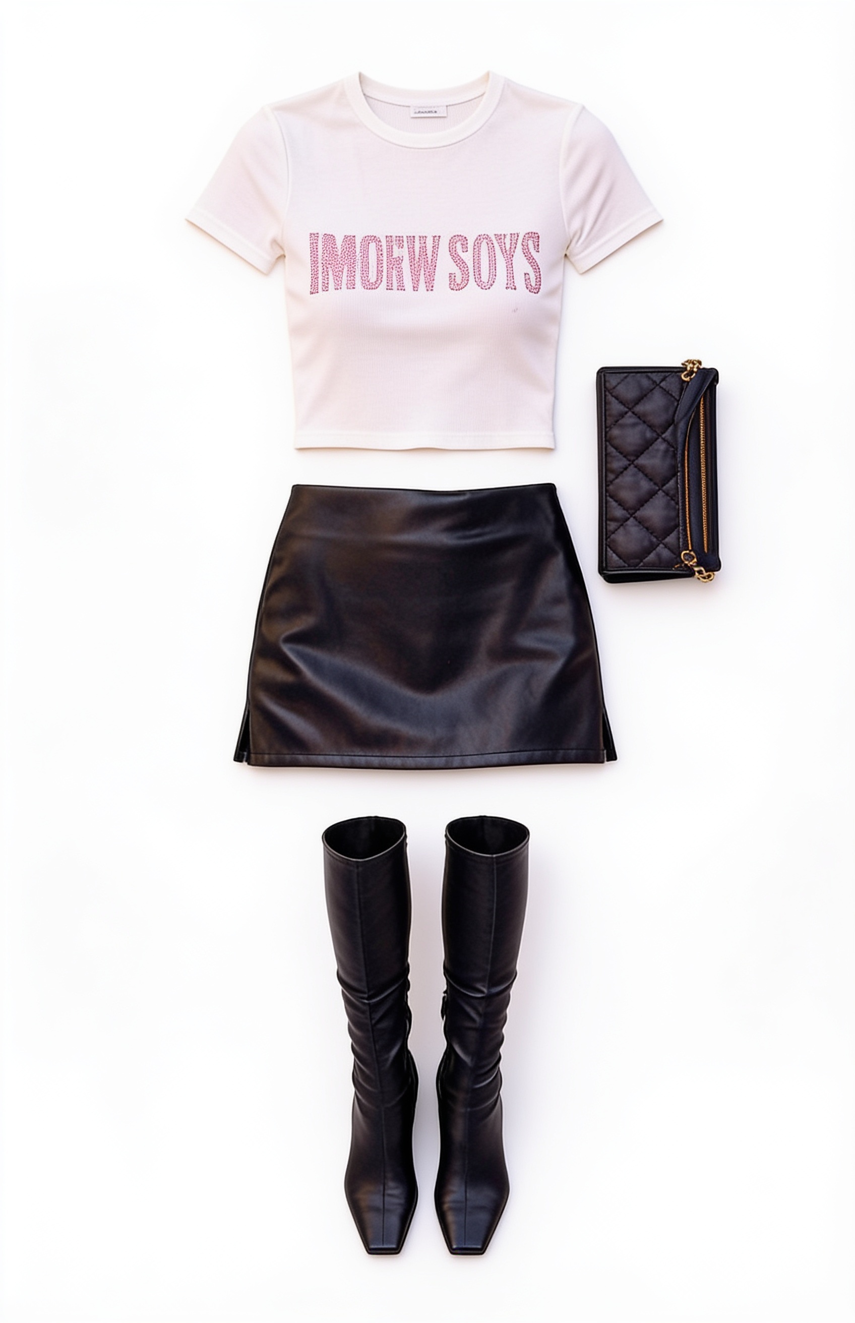 Pink graphic tee and black leather mini skirt