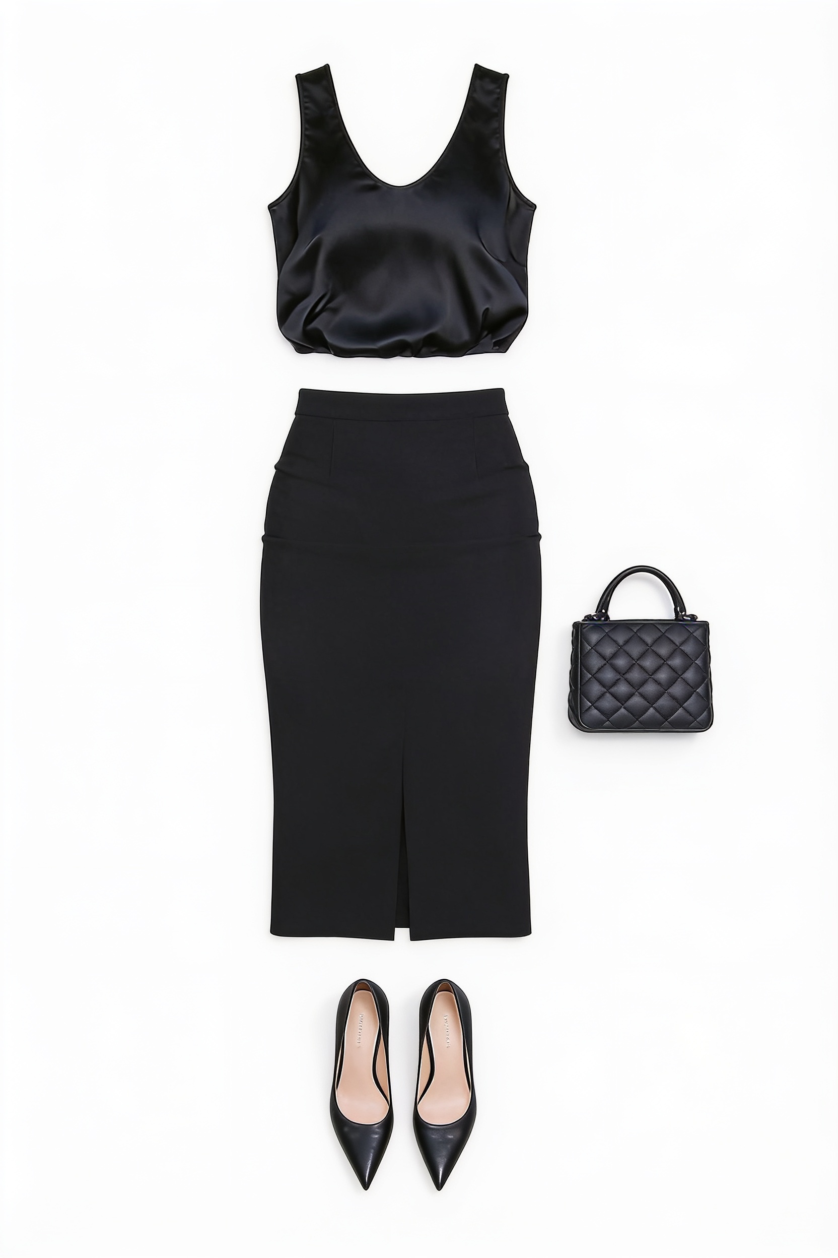 Black satin top and pencil skirt