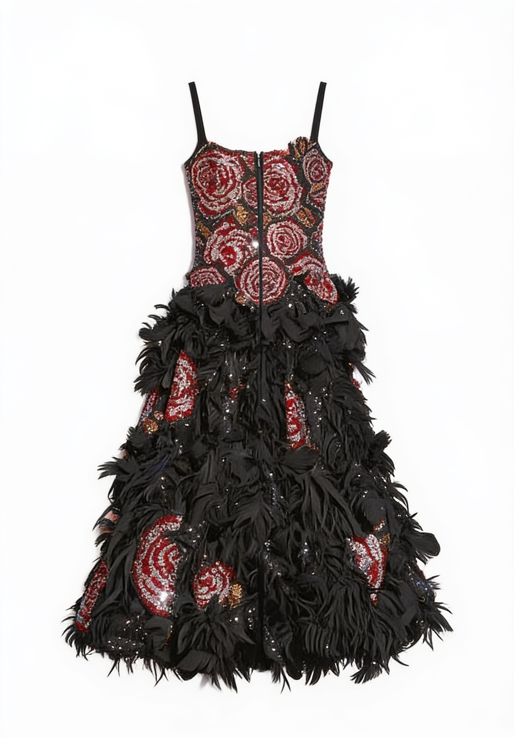 Black tiered skirt and embroidered strapless bodice
