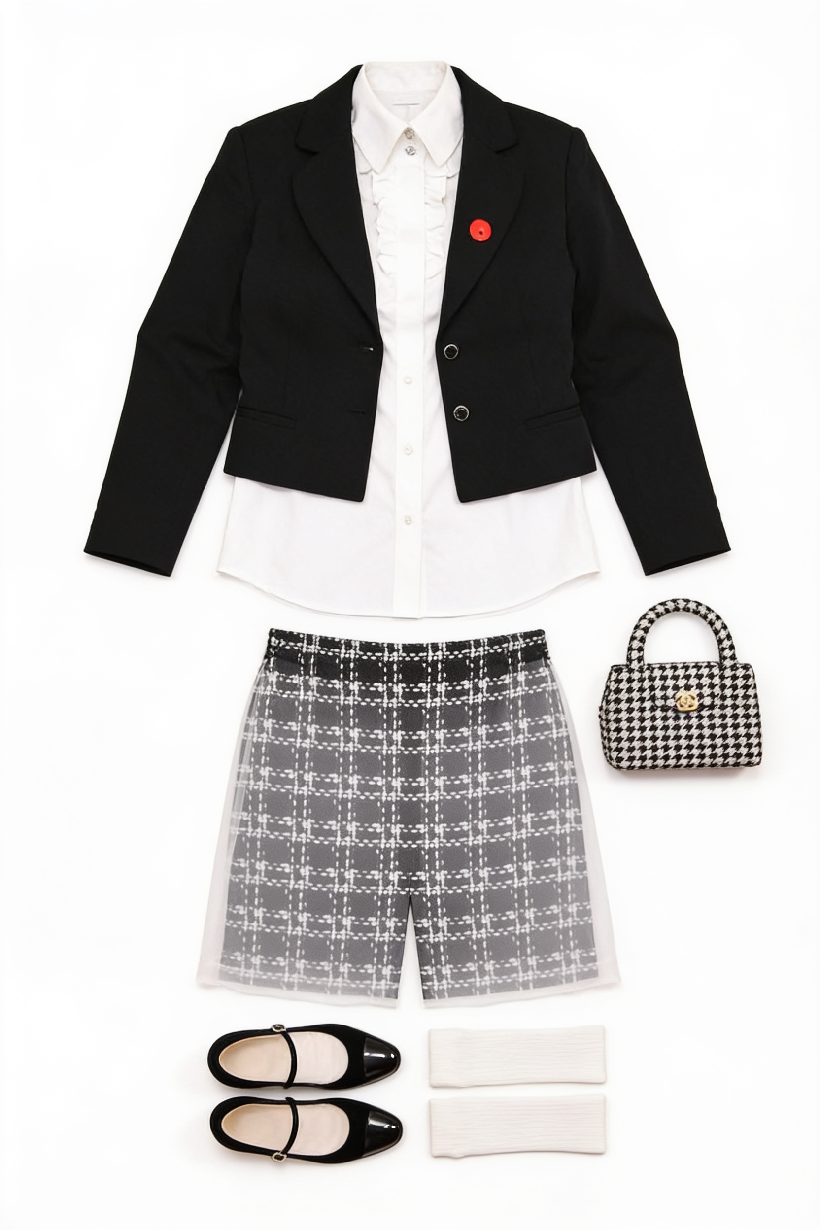 Black blazer and checked skirt with ballet flats