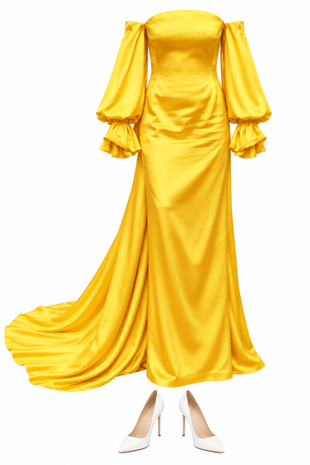 Yellow off-shoulder satin gown