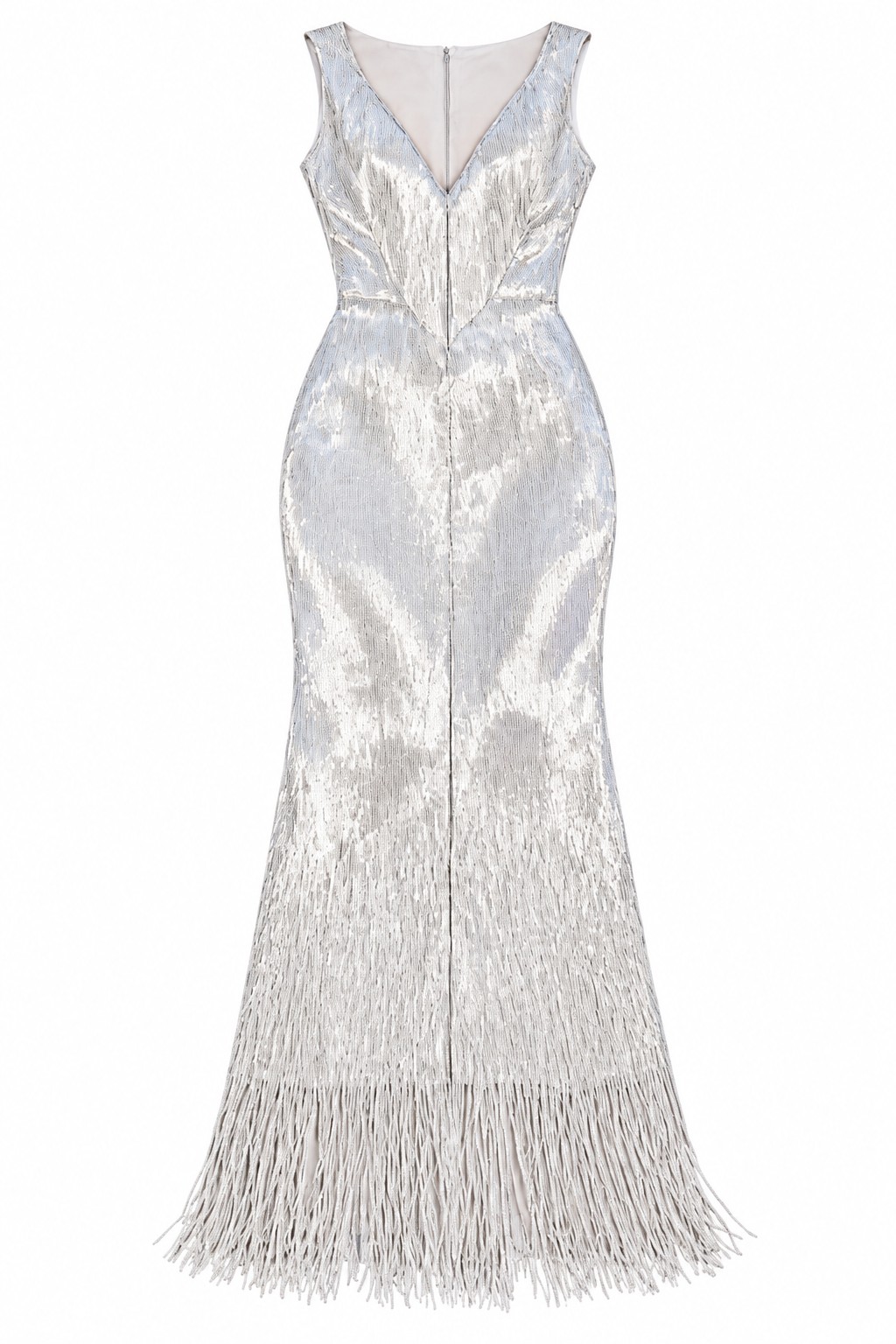 Silver embellished gown with fringed shoulders