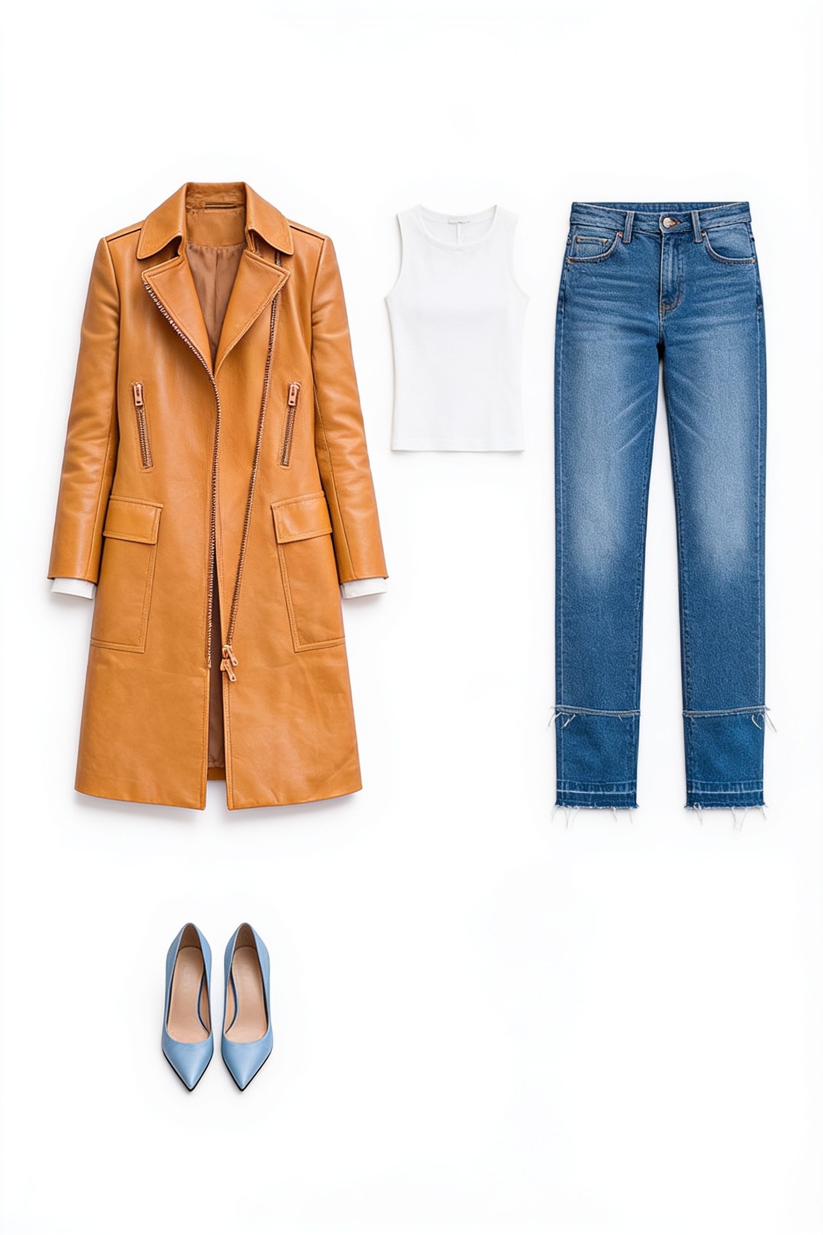 Tan leather coat and blue jeans