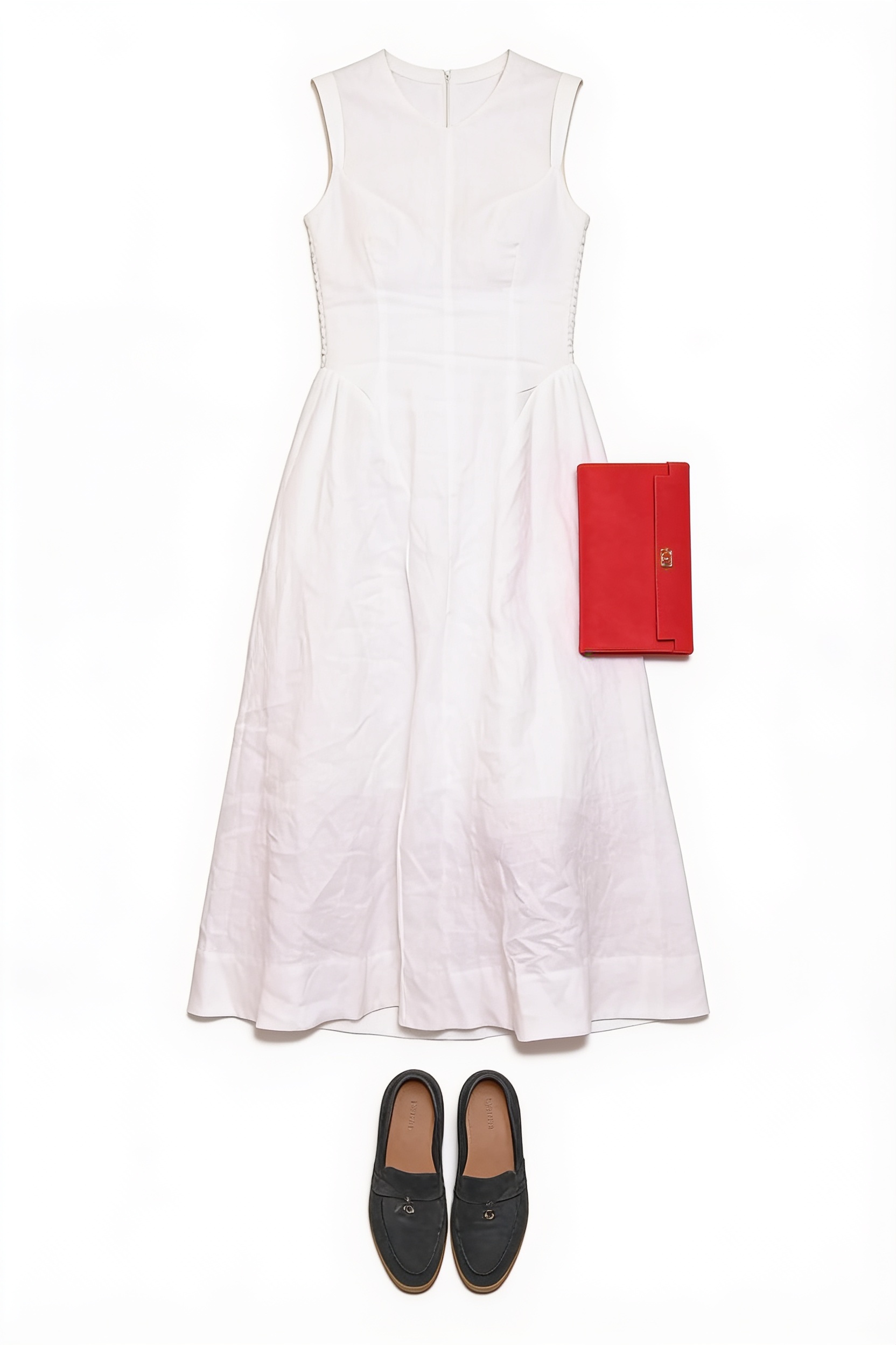 White textured midi dress and dark loafers